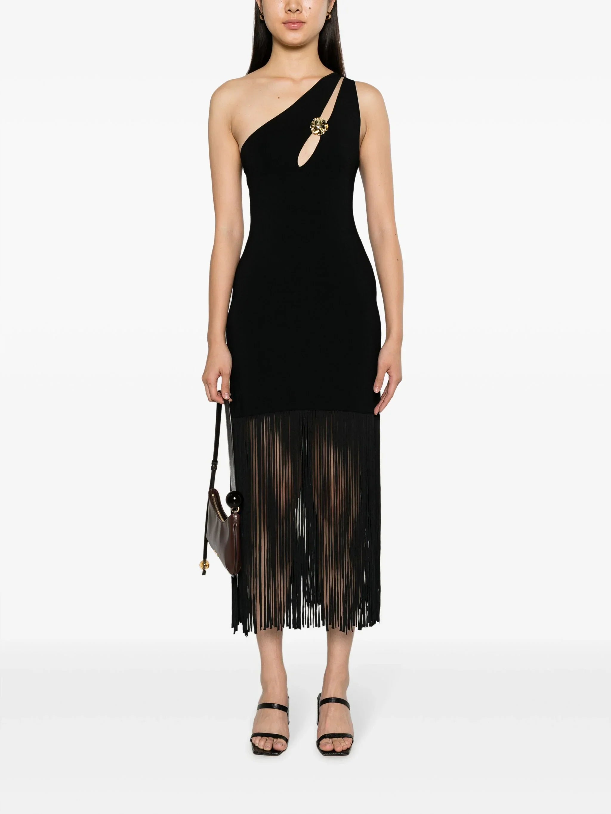 SANDRO asymmetric fringed midi dress - Black