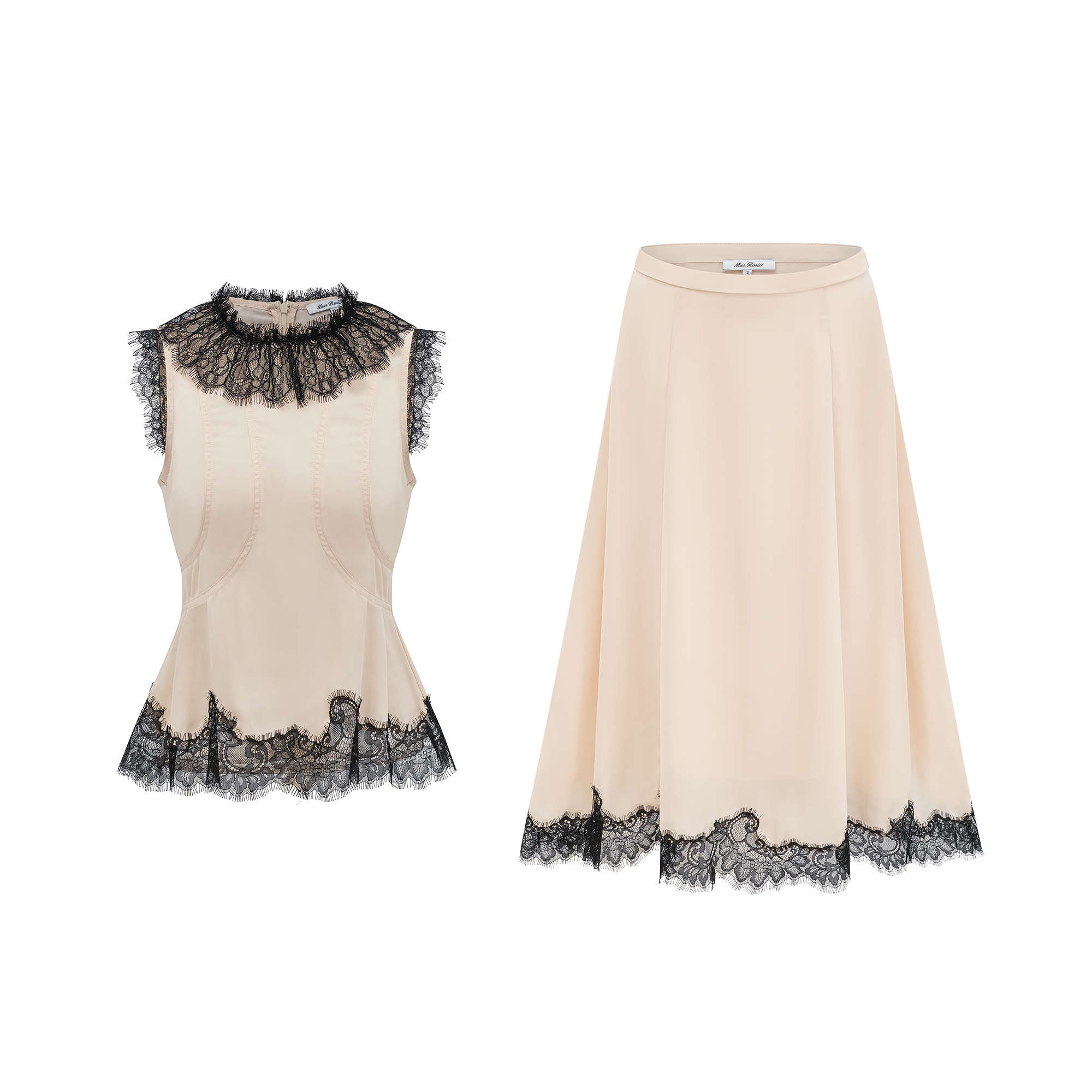 Zsófia Neutral Lace Panel Chiffon Top & Skirt Matching Set (Final Sale-US Only)