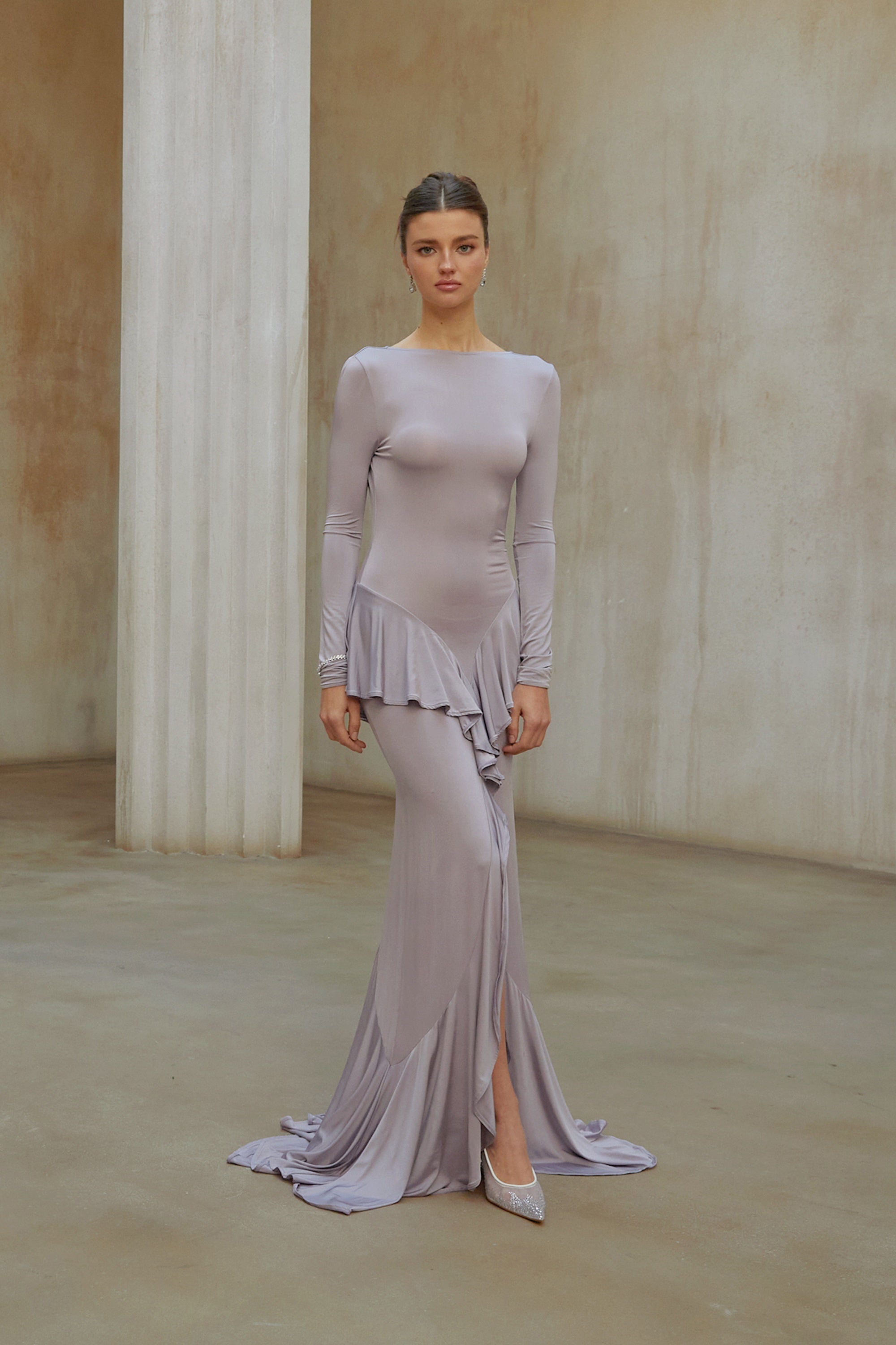 Xenia Purple Ruffle Detail Maxi Dress with Front Slit (Final Sale-US Only)