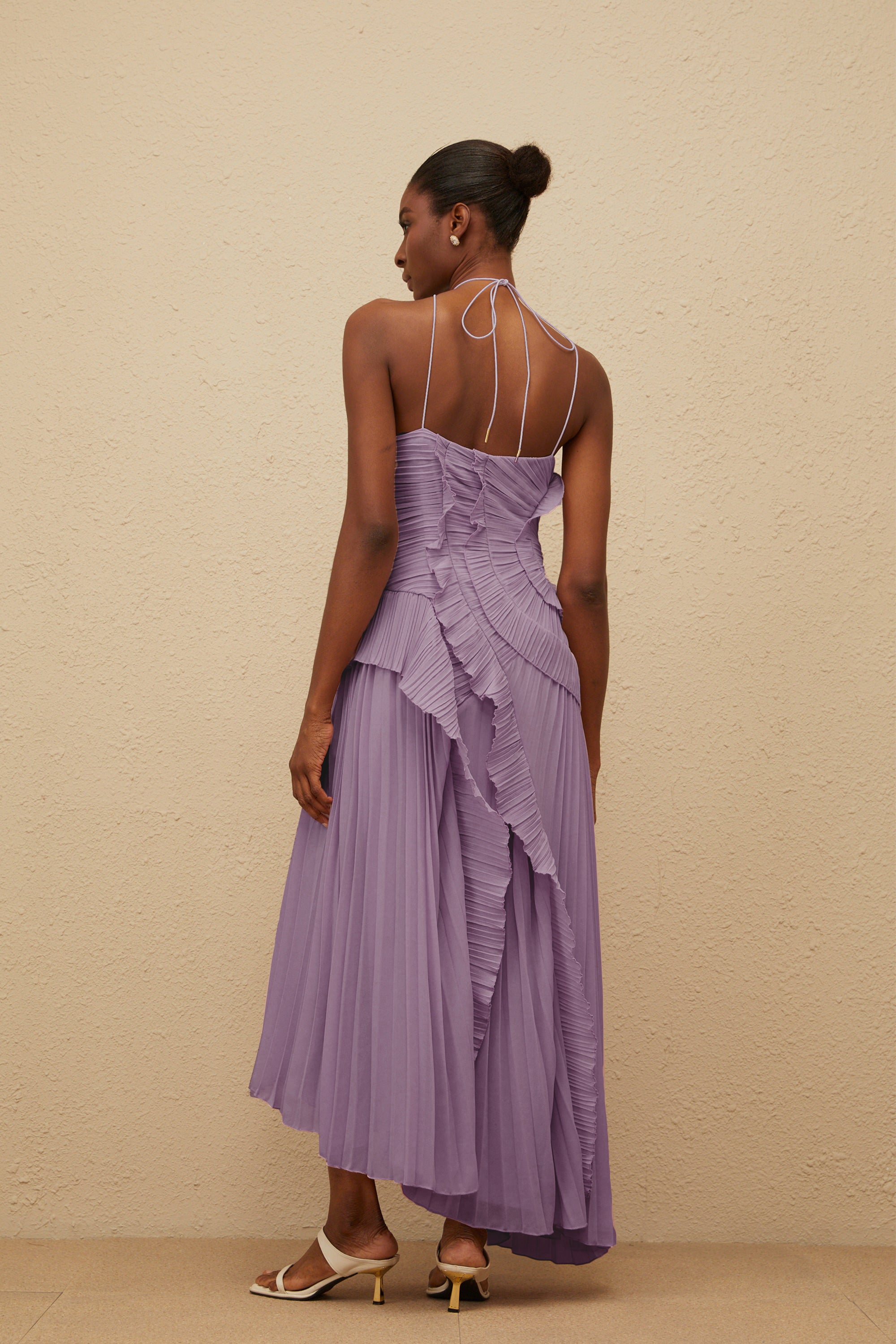 Doux Purple Ruffled Trim Pleated Midi Dress (Final Sale-US Only)