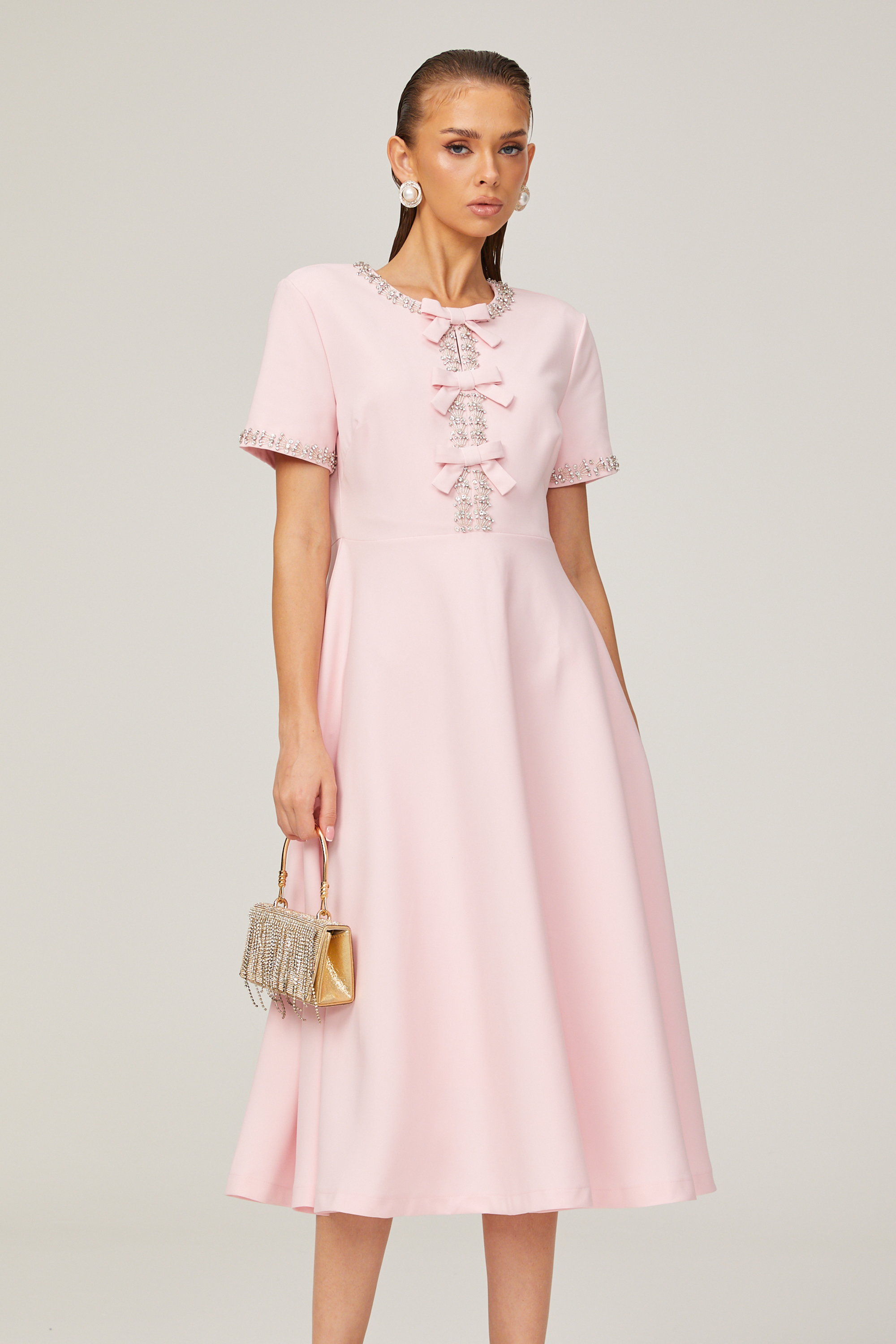 Cassiopeia crystal-accented pink bow midi dress (Final Sale-US Only)