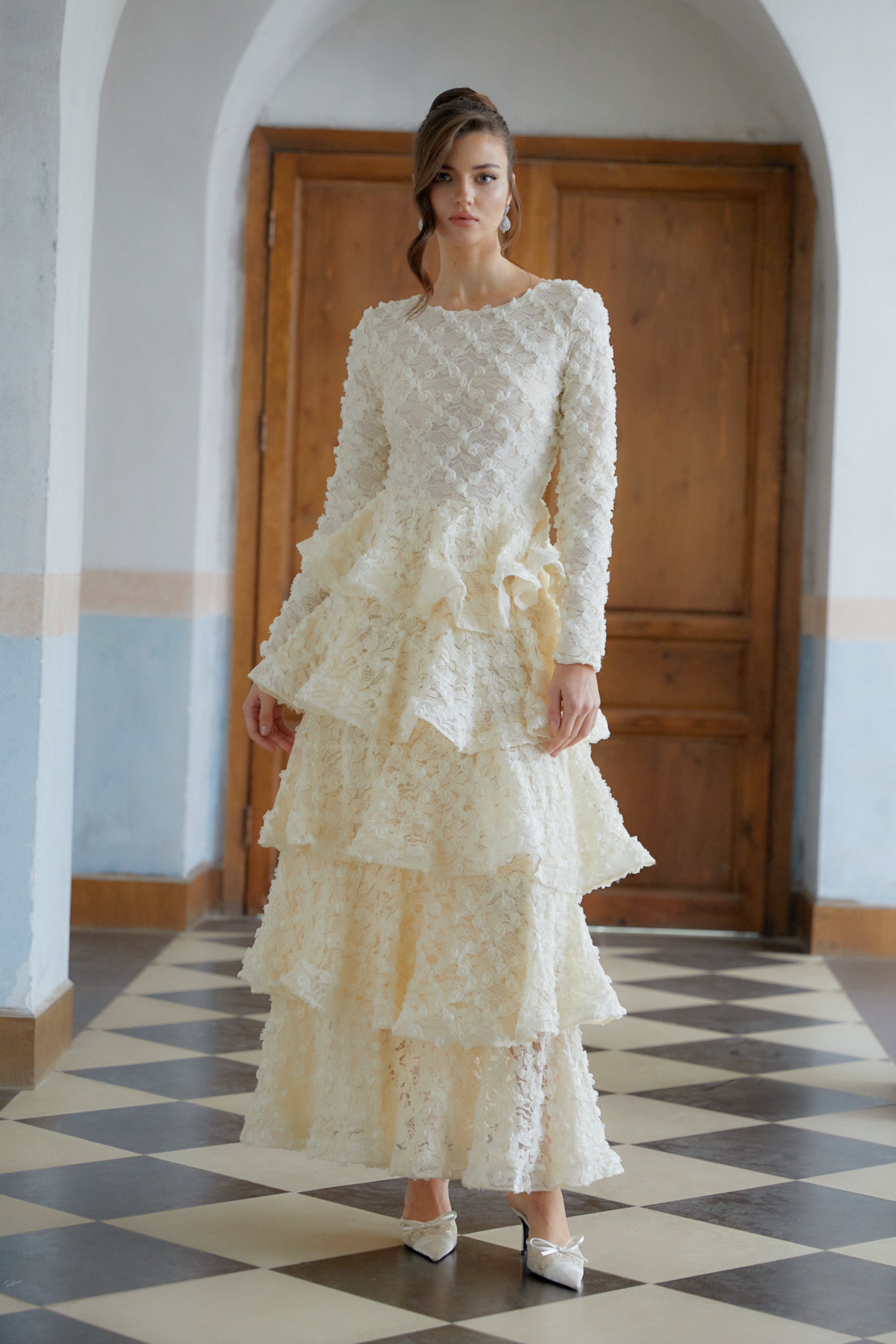 Halla Neutral Tiered Floral Lace Maxi Dress (Final Sale-US Only)