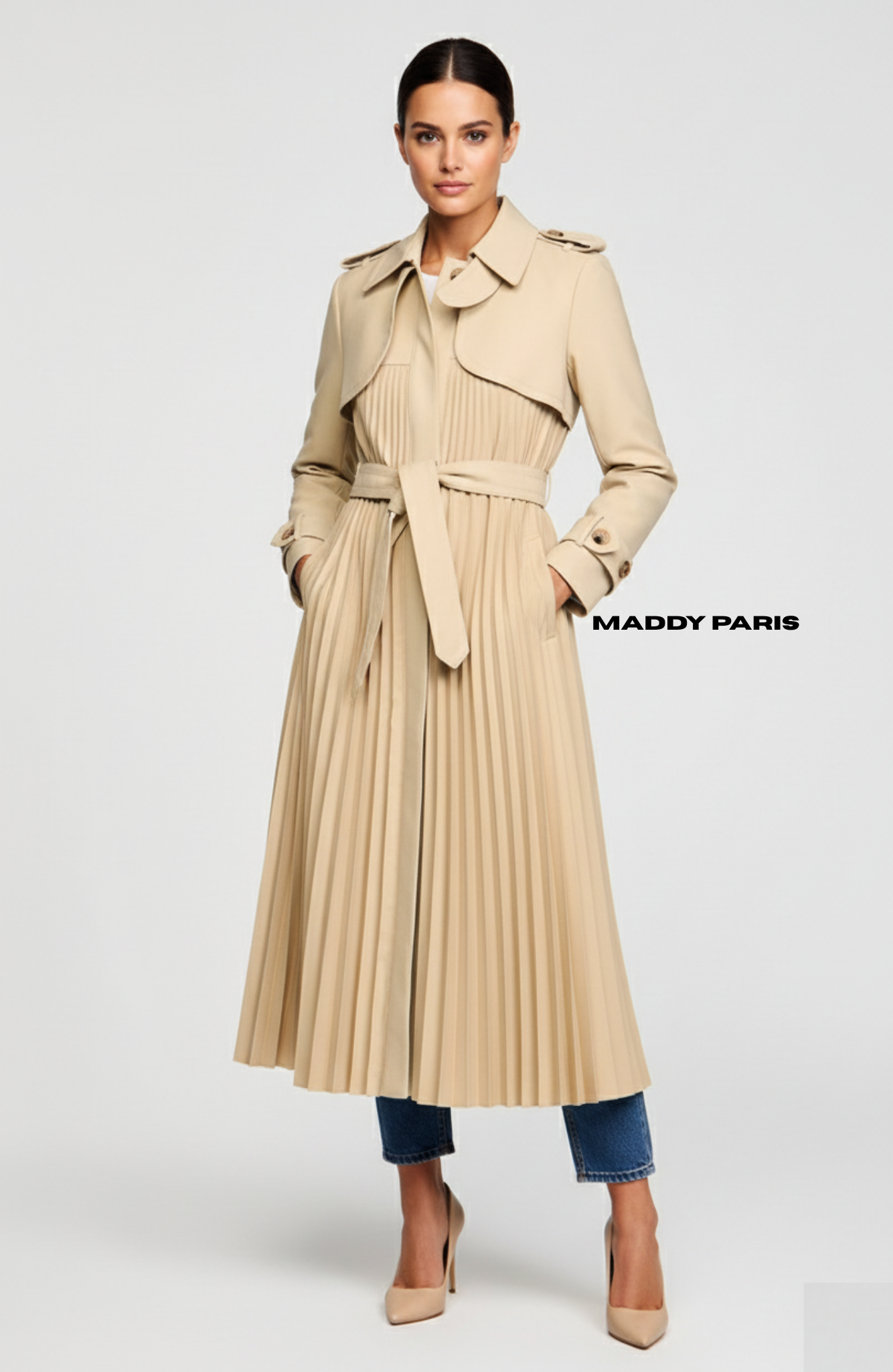 Sandro Ruffle Pleated Trench Coat with Belt - beige
