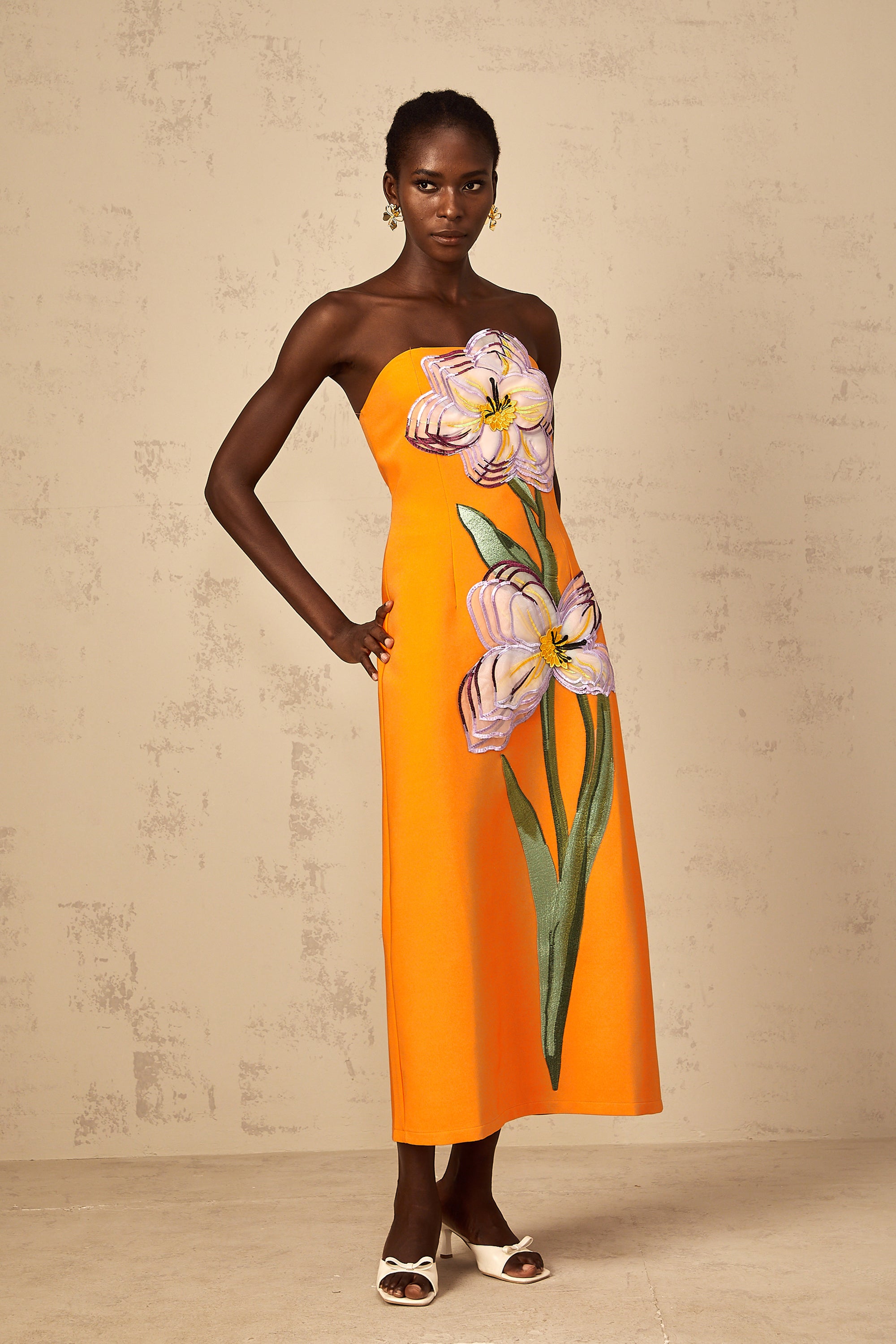 Irène Sequin Embroidered Off-Shoulder Midi Dress in Orange (Final Sale-US Only)