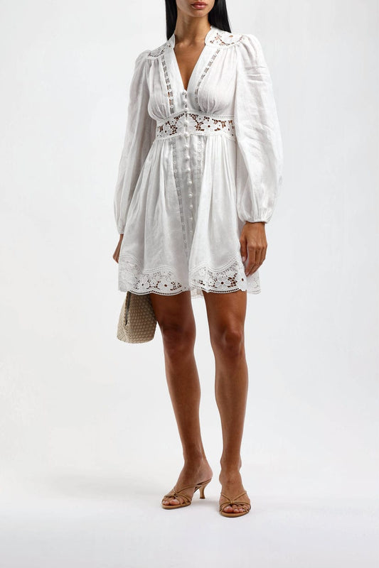 MADDY  August Plunge Broderie White Cotton Linen Lace Mini Dress - Long Sleeves, V-Neck | MADDY PARIS