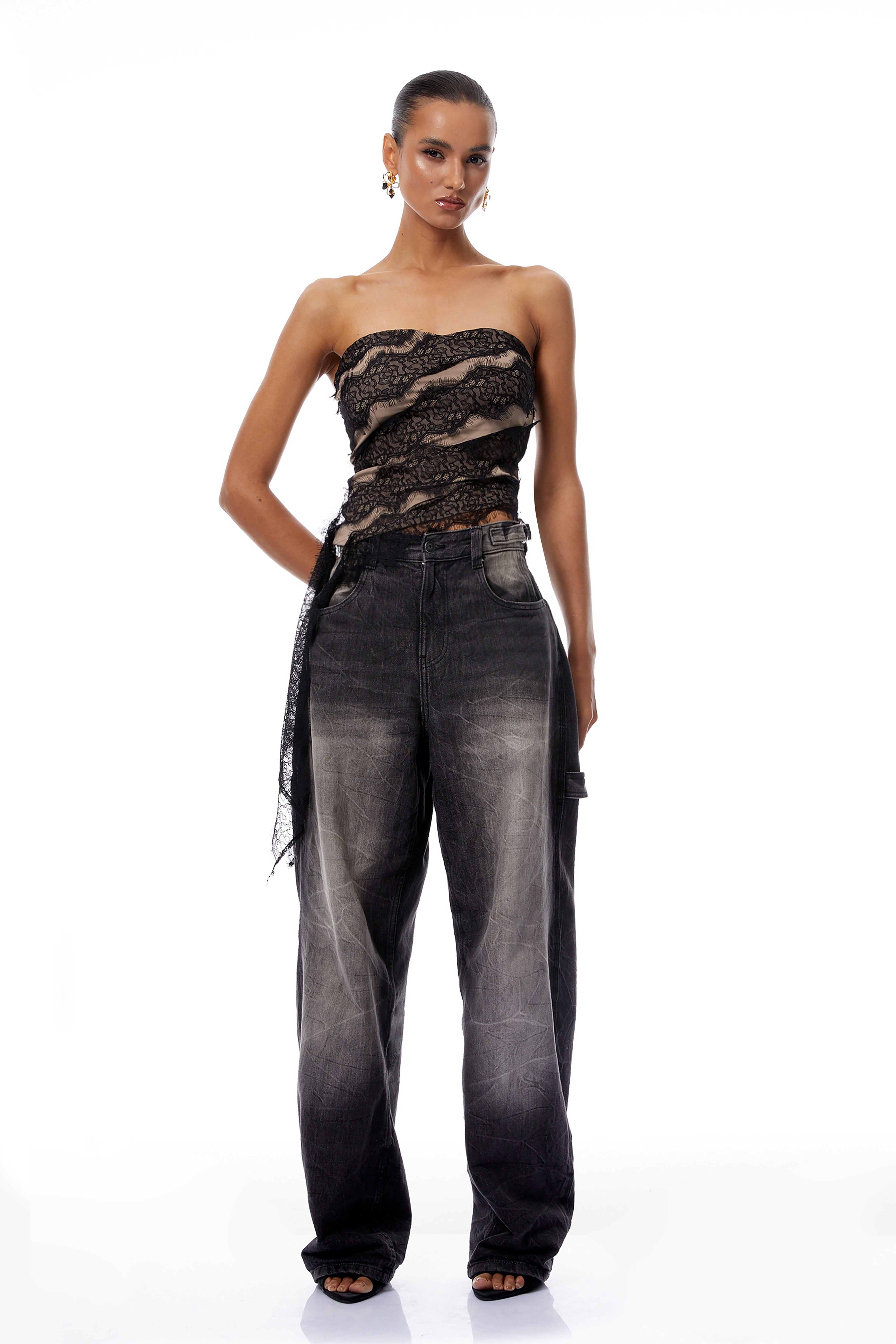 Giulia Black Lace Ribbon Panel Crop Top