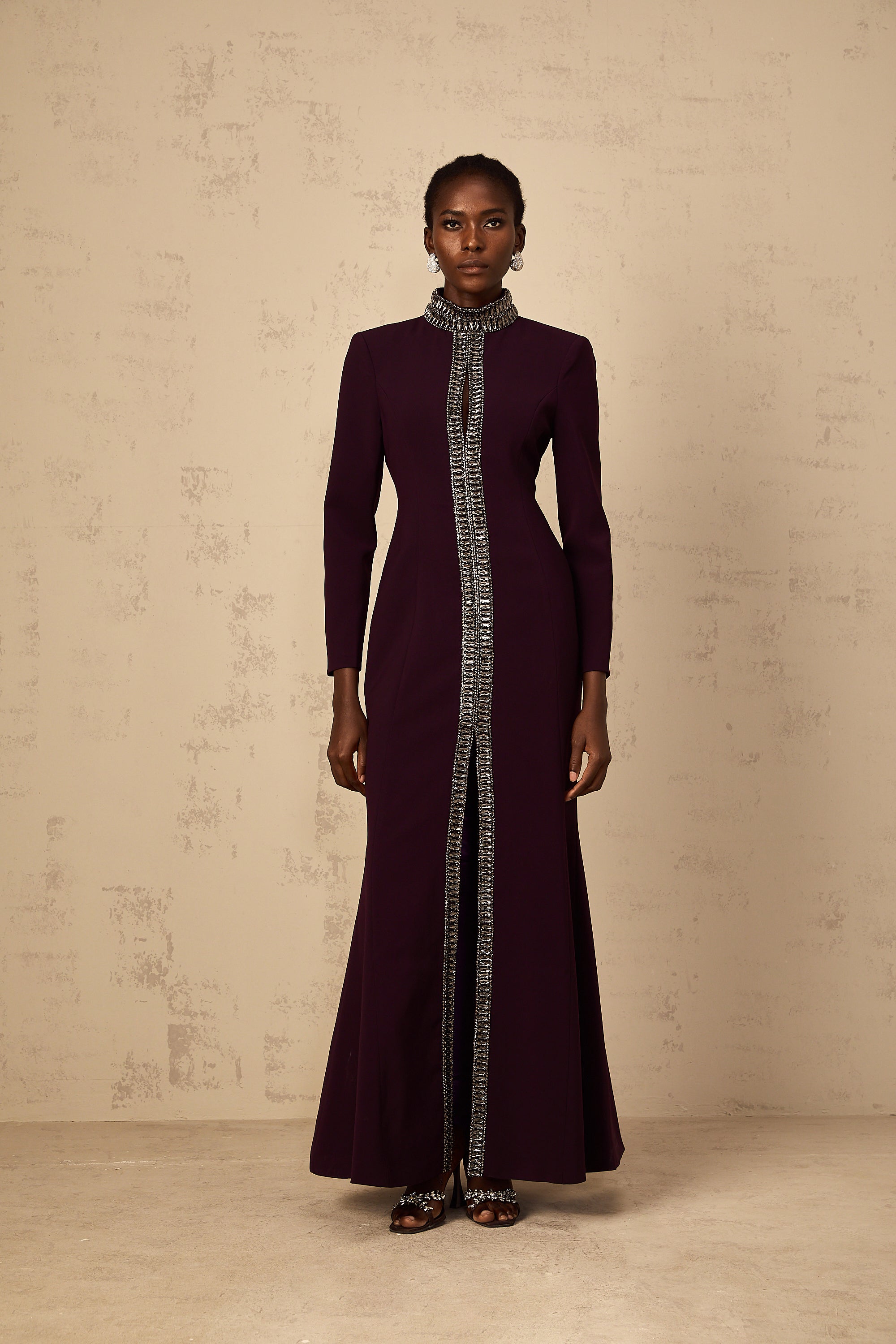 Maëlie Burgundy Embellished Flared Maxi Dress