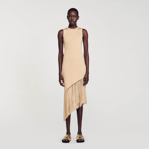 SANDRO ASYMMETRICAL FRINGED MAXI DRESS - Beige