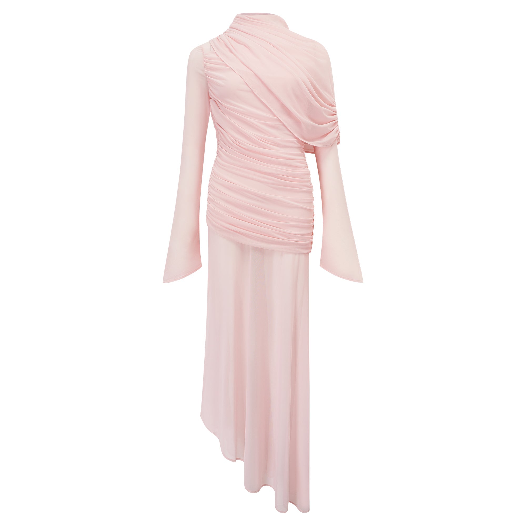 Garance Pink Asymmetrical Ruched Mesh Maxi Dress (Final Sale-US Only)