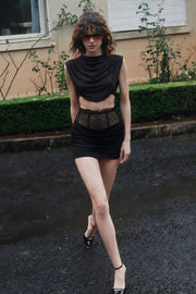Siosi Black Ruched Top & Skirt Set with Lace Trim