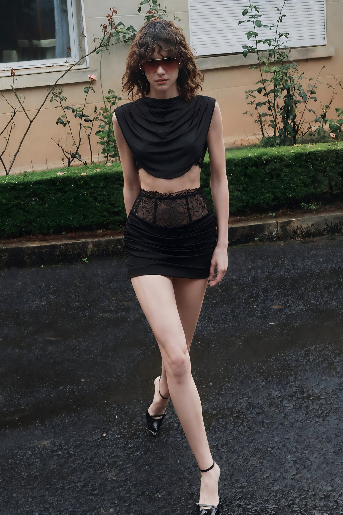 siosi black ruched top & skirt set with lace trim