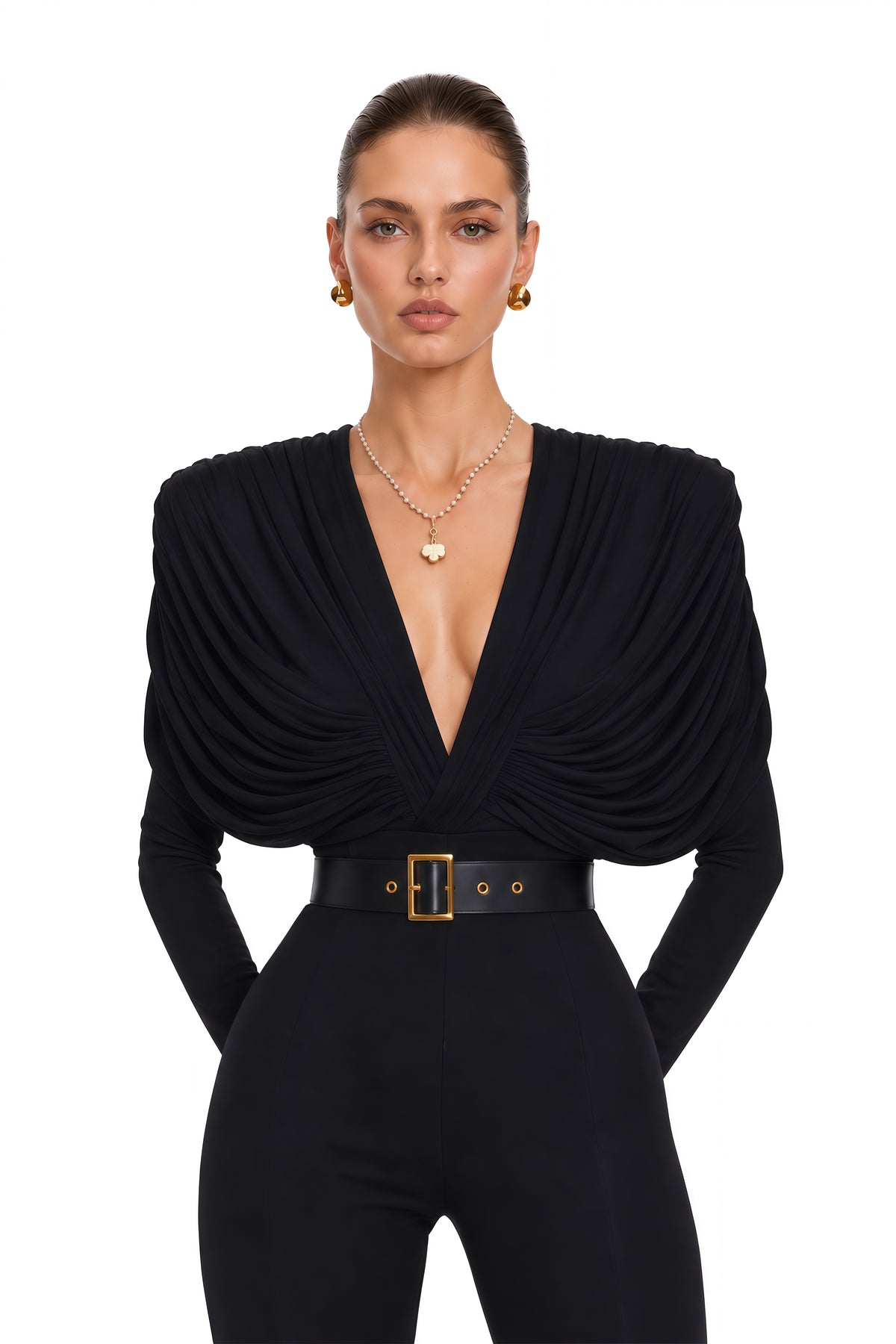 gianina black deep v-neck draped jumpsuit