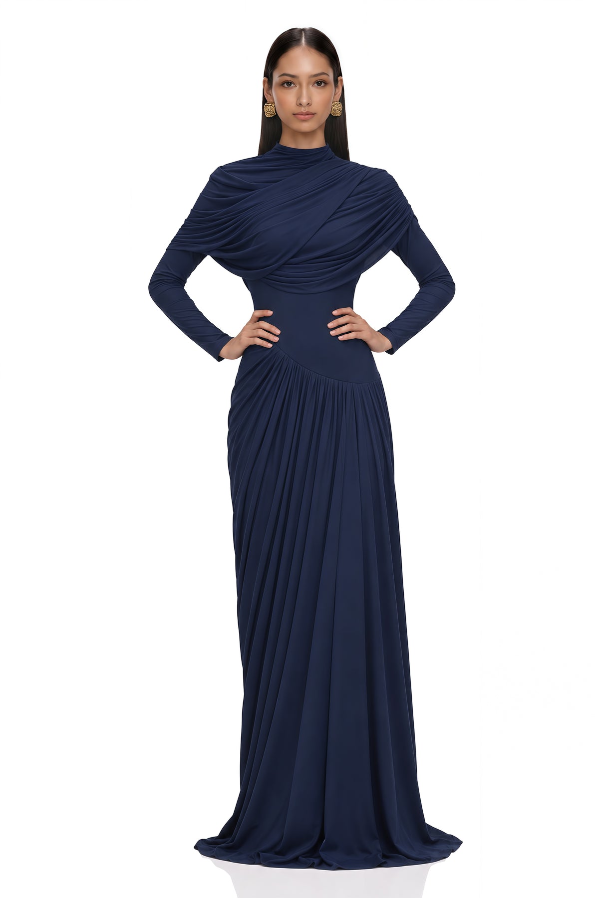 catherine navy-blue asymmetrical pleated long-sleeve maxi dress