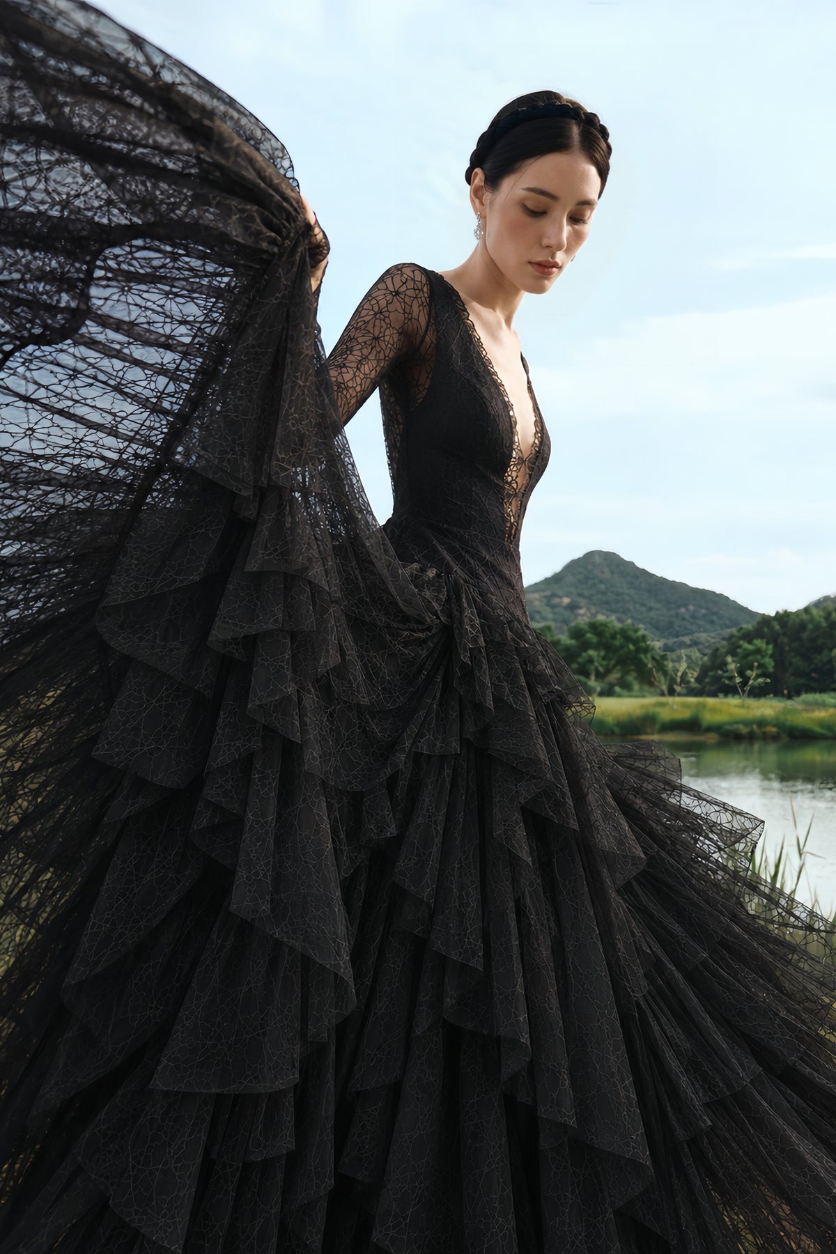 humayma black lace tiered midi dress