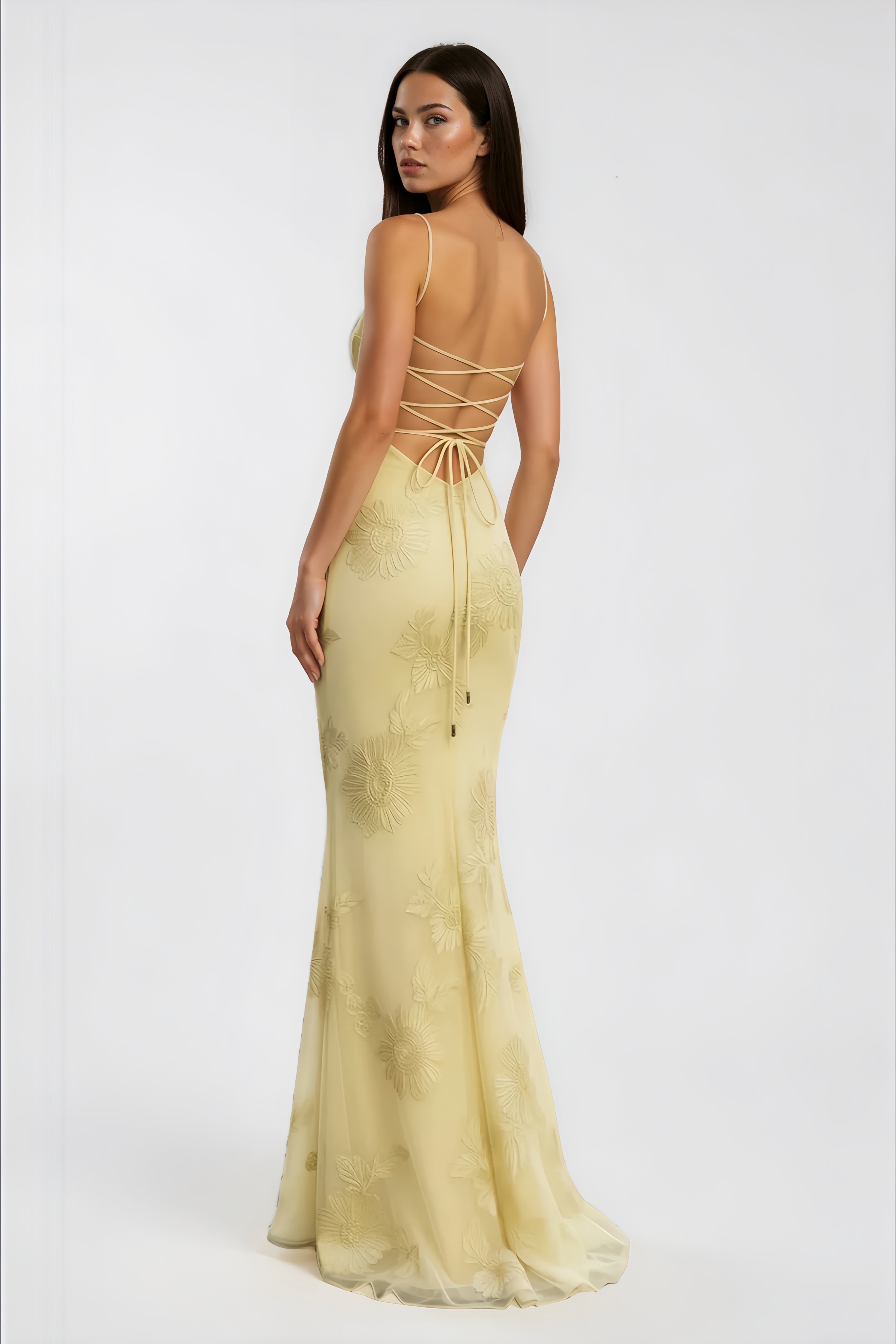 Théoline Yellow Floral Appliqué Corset Maxi Dress