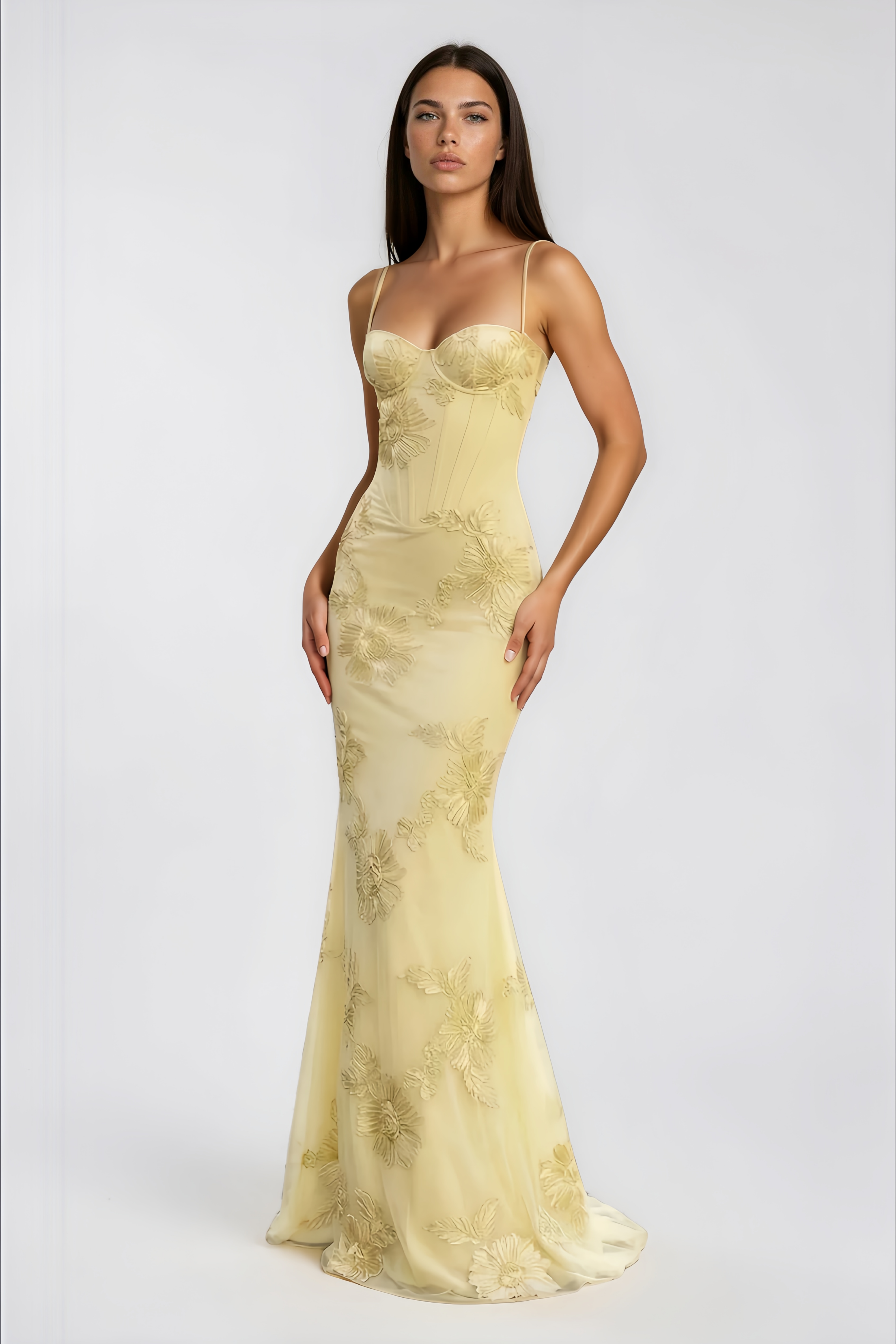 Théoline Yellow Floral Appliqué Corset Maxi Dress