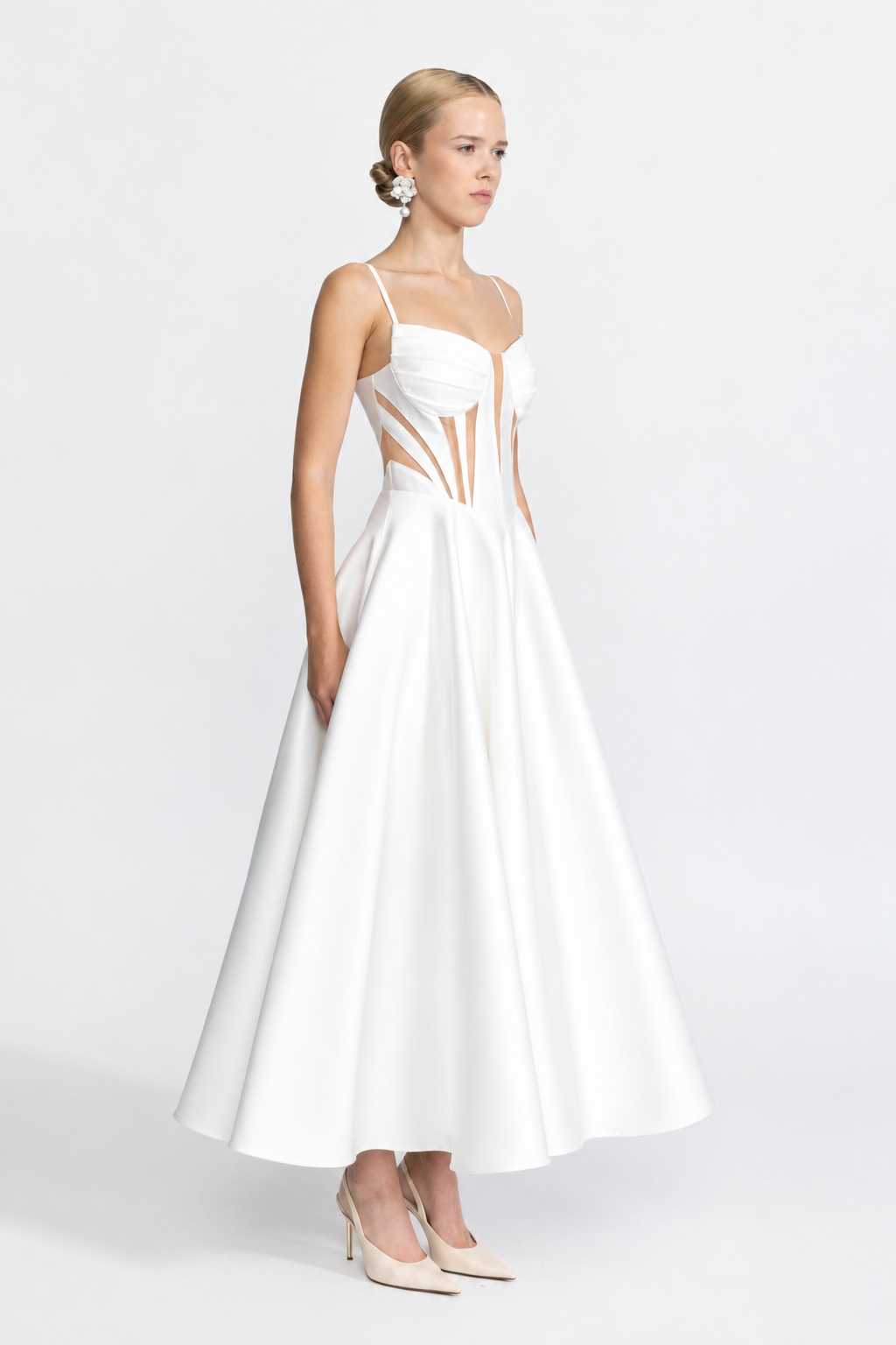 Josephine White Sheer Panel Satin Corset Midi Dress