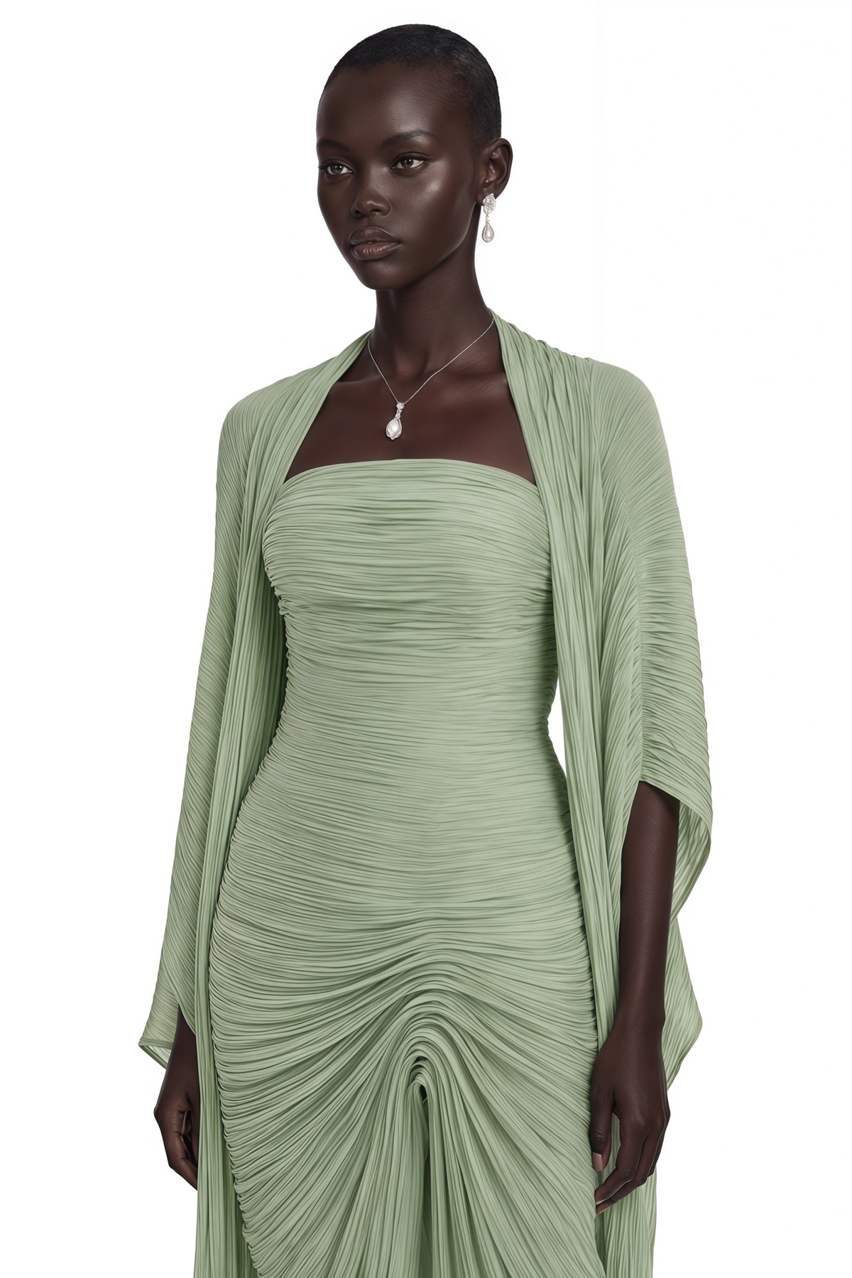 shifra green asymmetrical cape maxi dress