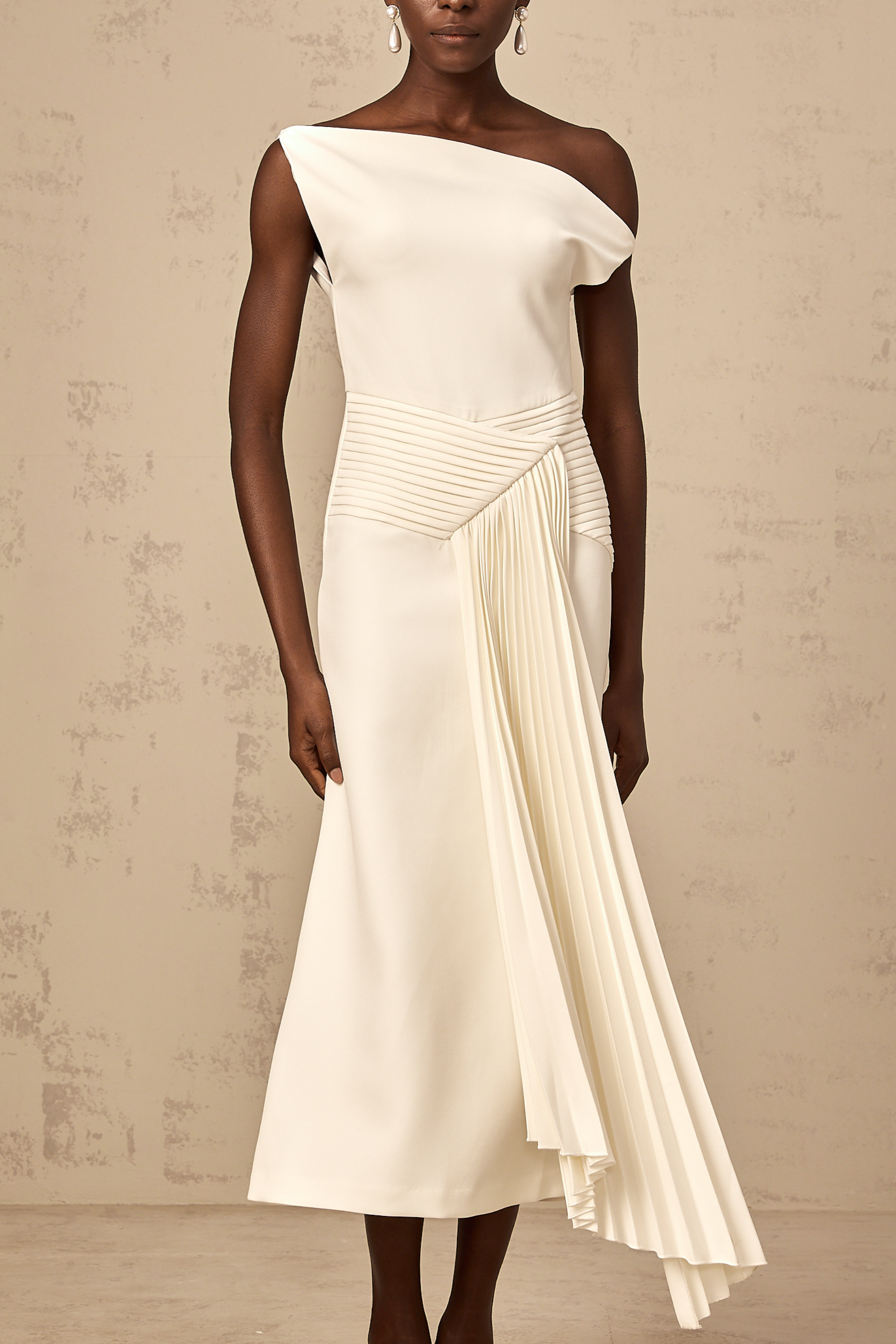 Laurine asymmetrical draped midi dress in White (Final Sale-US Only)