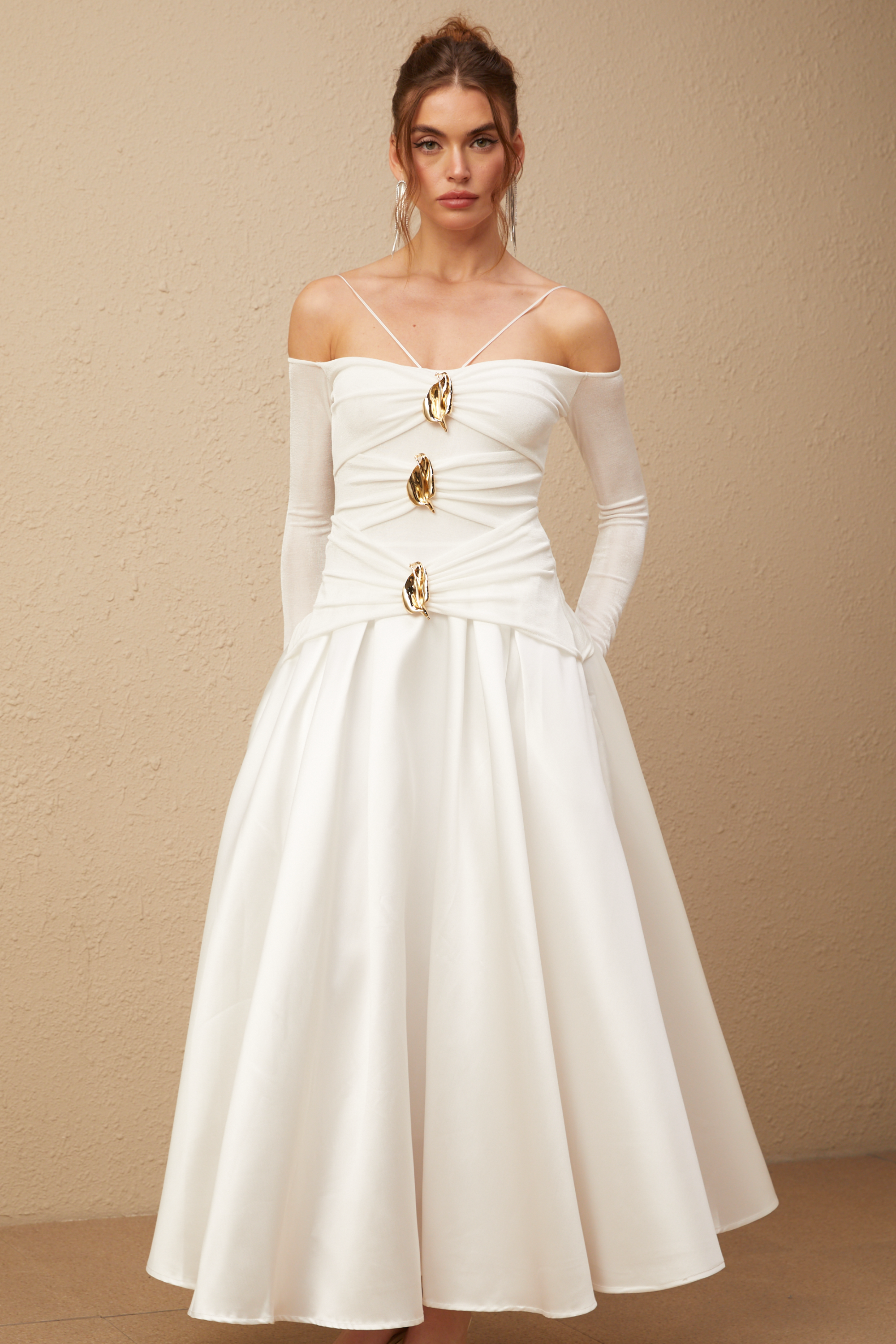 Nadine off-shoulder panelled maxi dress in White (Final Sale)