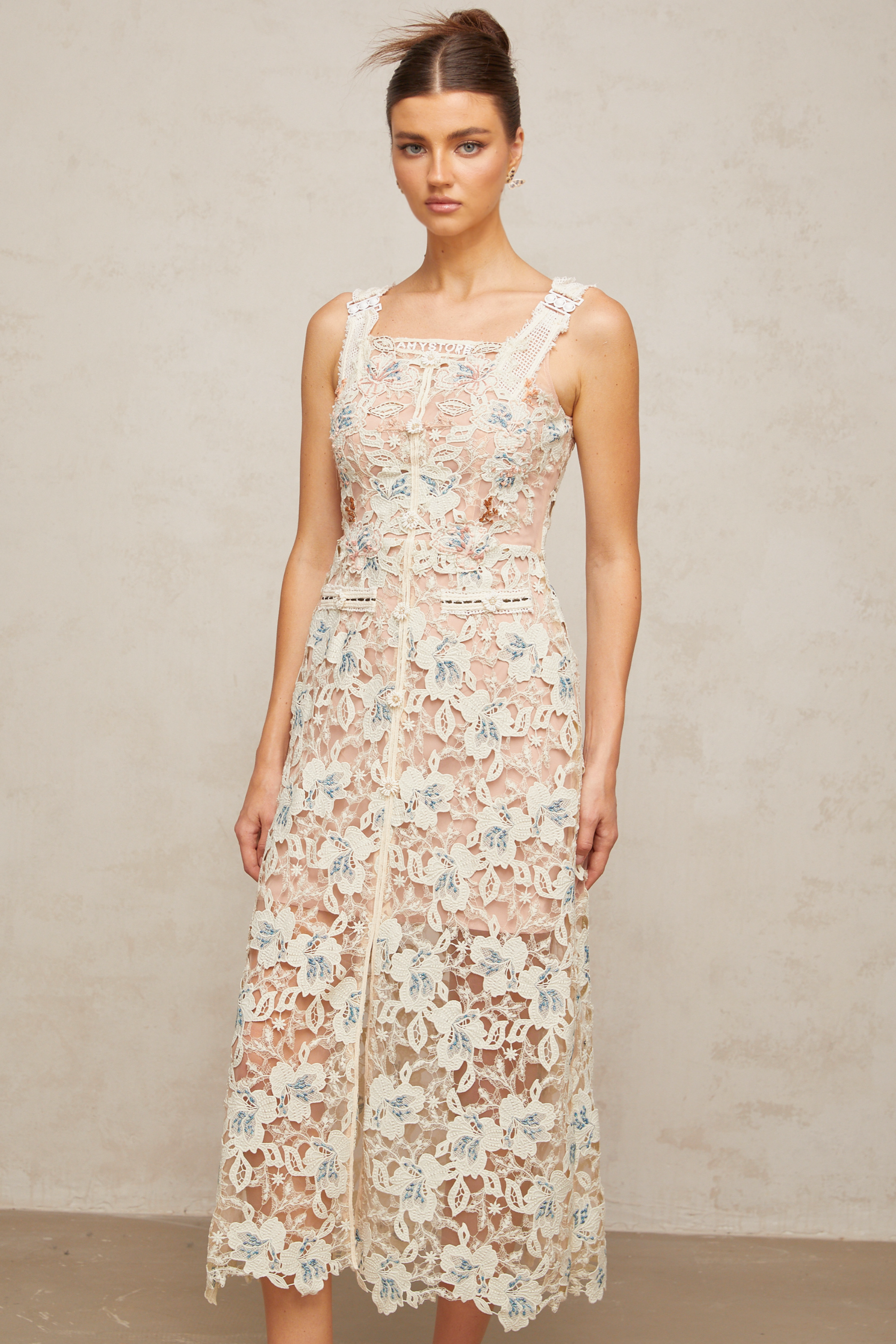 Roxane white A-line flora-lace midi dress (US Only)