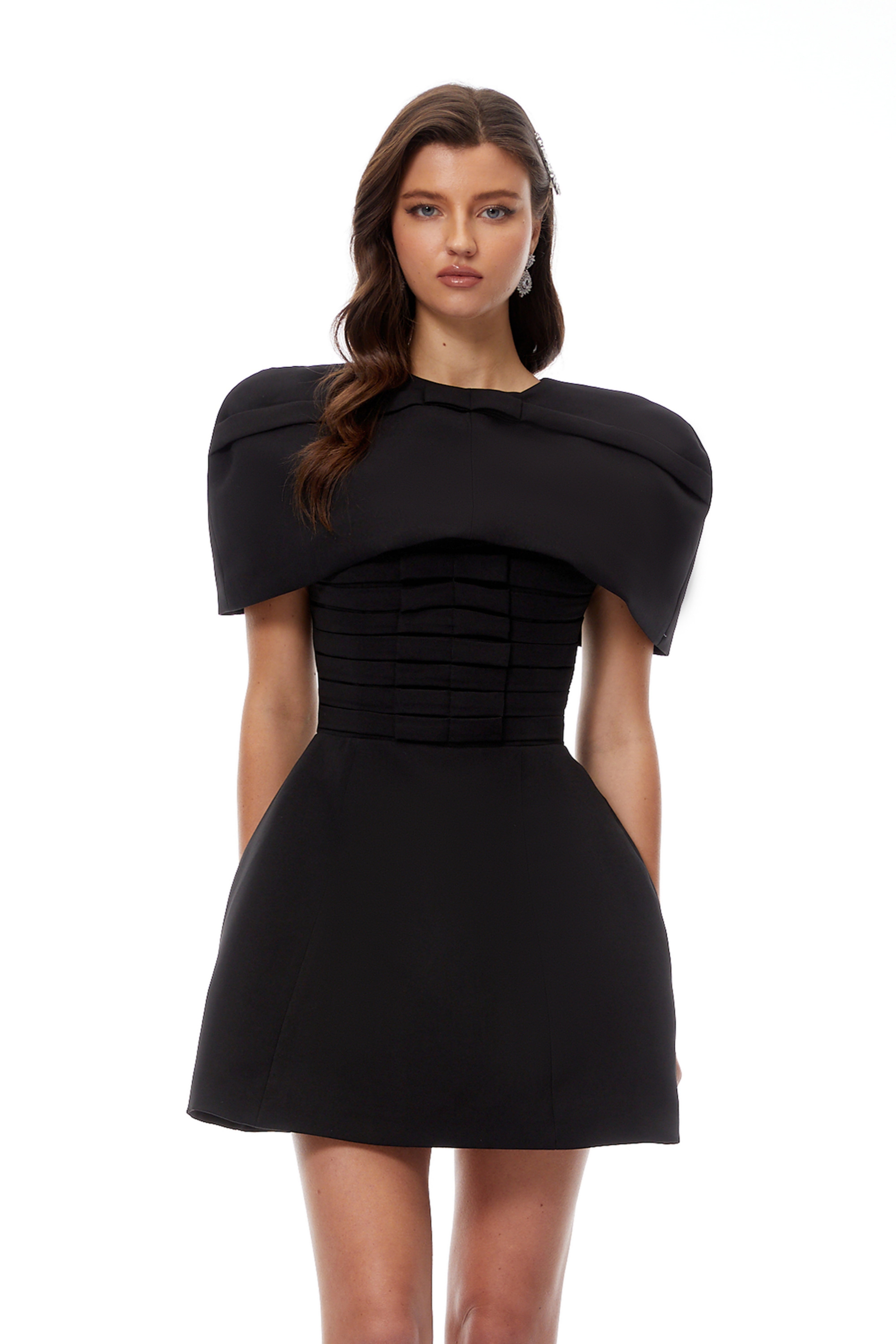 Cela Black Cape Design Flared Mini Dress Cela Black Cape Design Flared Mini Dress