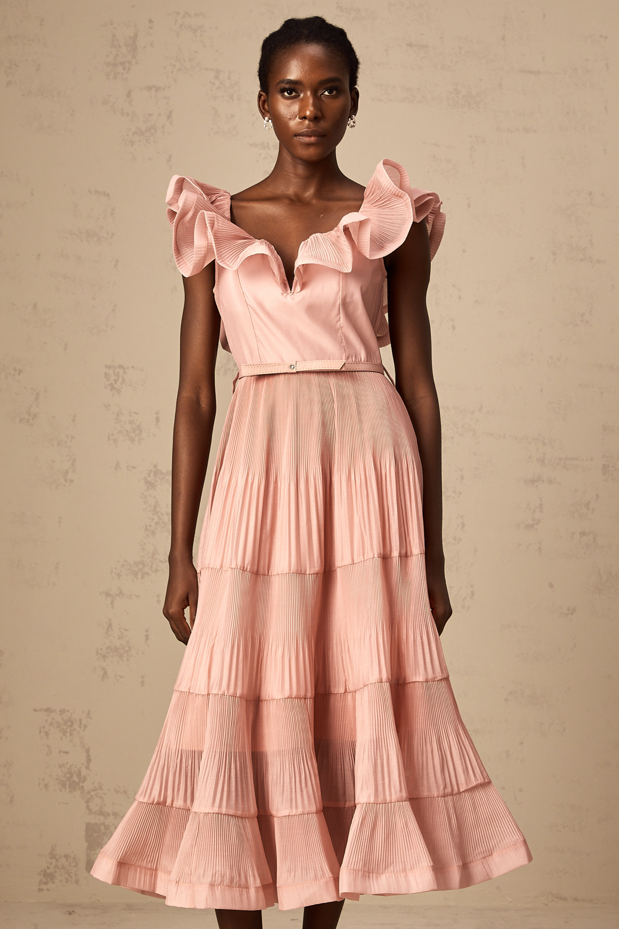 Valentina coral-pink pleated frilled midi dress (Final Sale-US Only)
