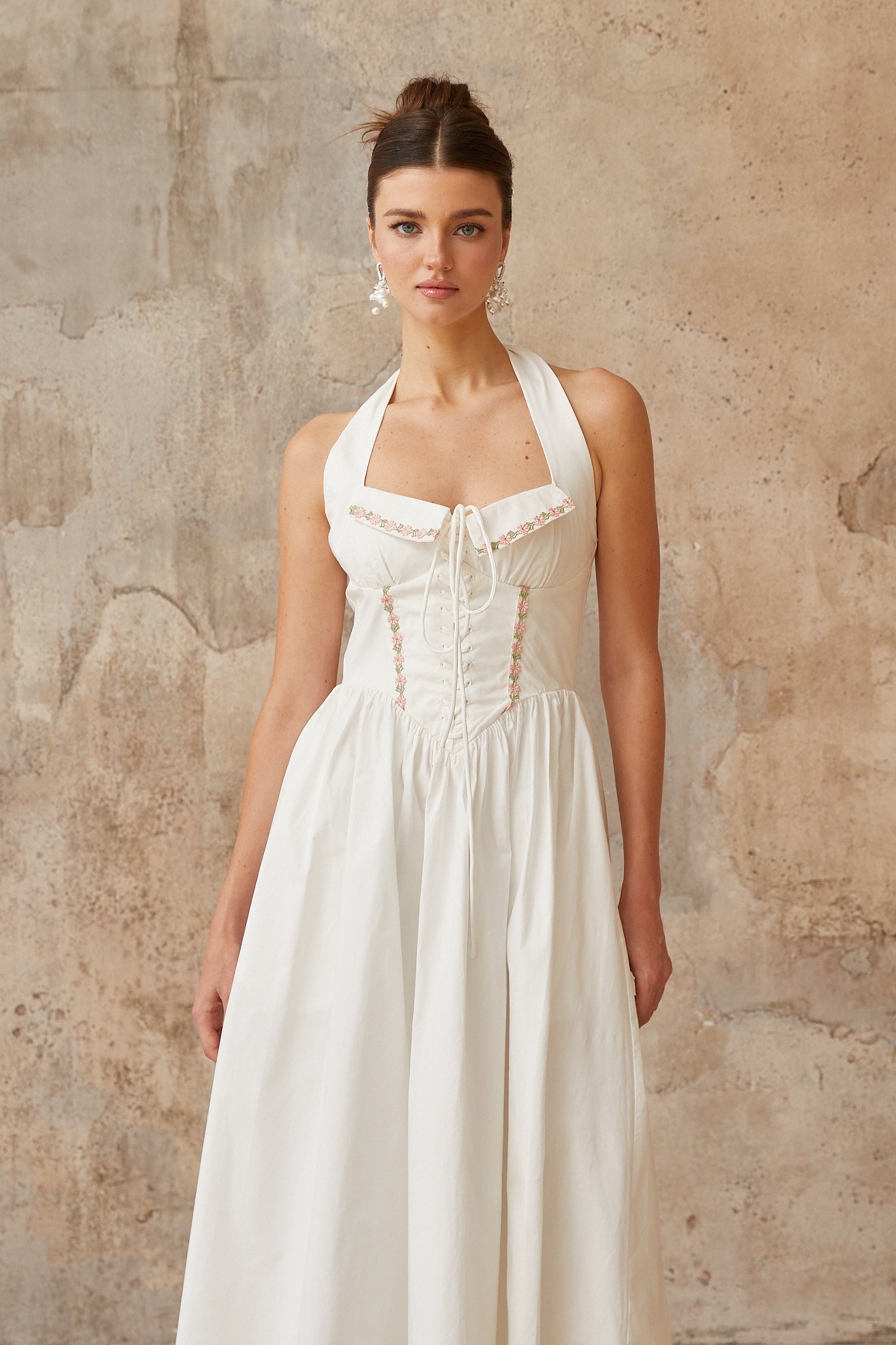 Dulcie white lace-up-detail shirred midi dress