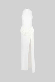 Sleeveless Maxi Dress with Draped Waist and Side Slit - White