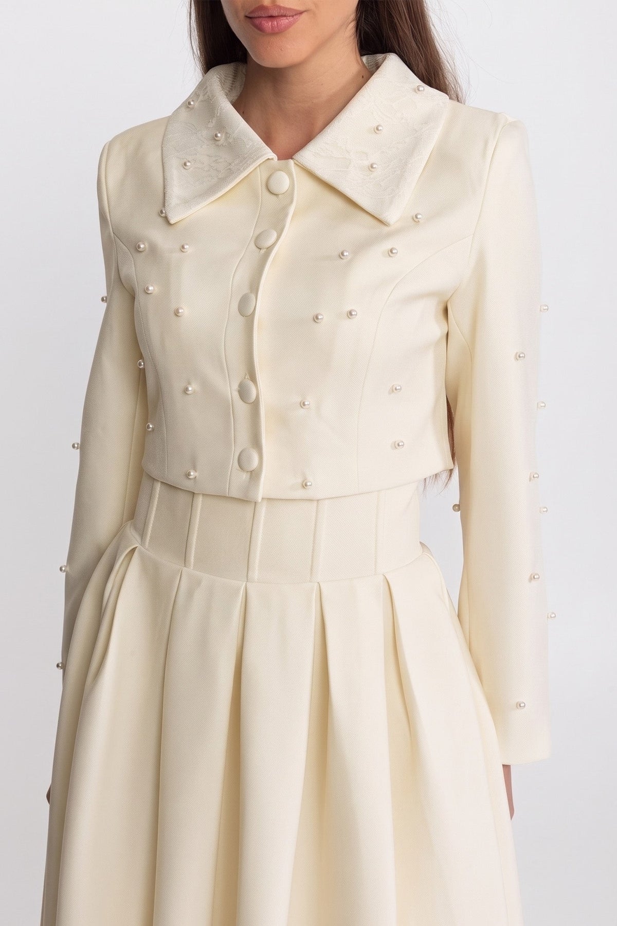 Pearl-Embellished Co-Ord Set with Cropped Jacket and Full Skirt – White
