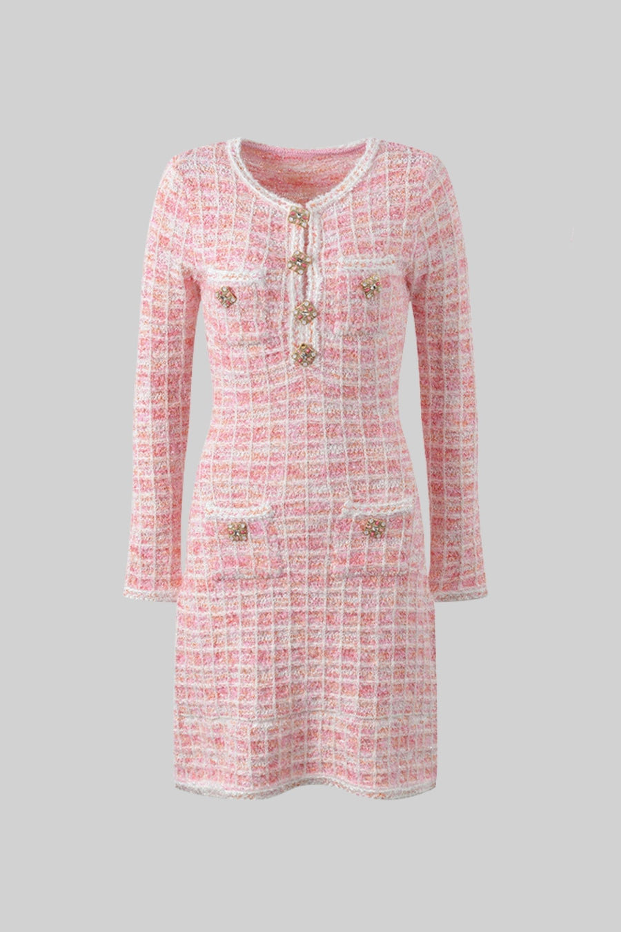 Isaure Pink Tweed Mini Dress with Jewel Buttons