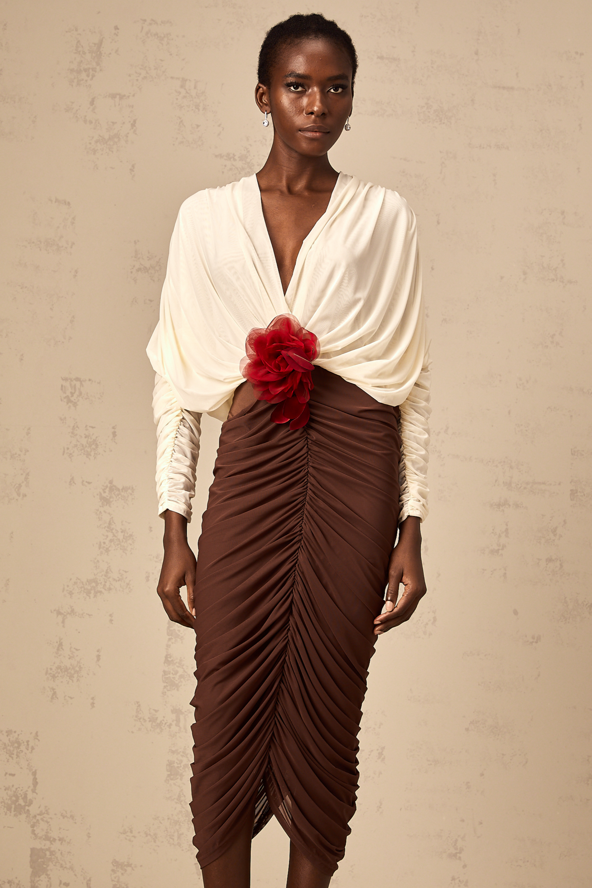 Léontine color-blocked flower-brooch ruched midi dress (Final Sale)