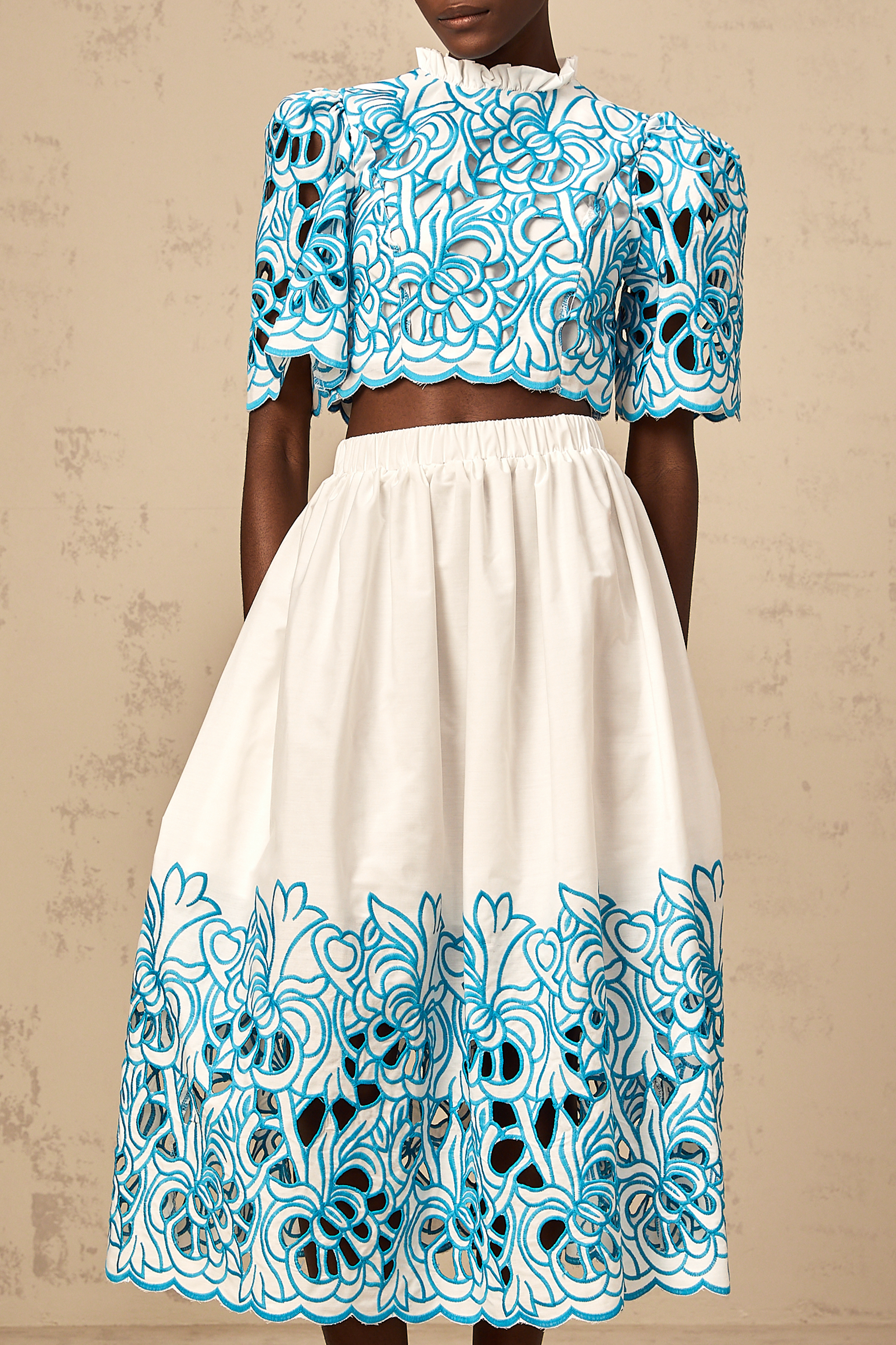 Aurore blue cut-out embroidered top & skirt matching set (Final Sale-US Only)