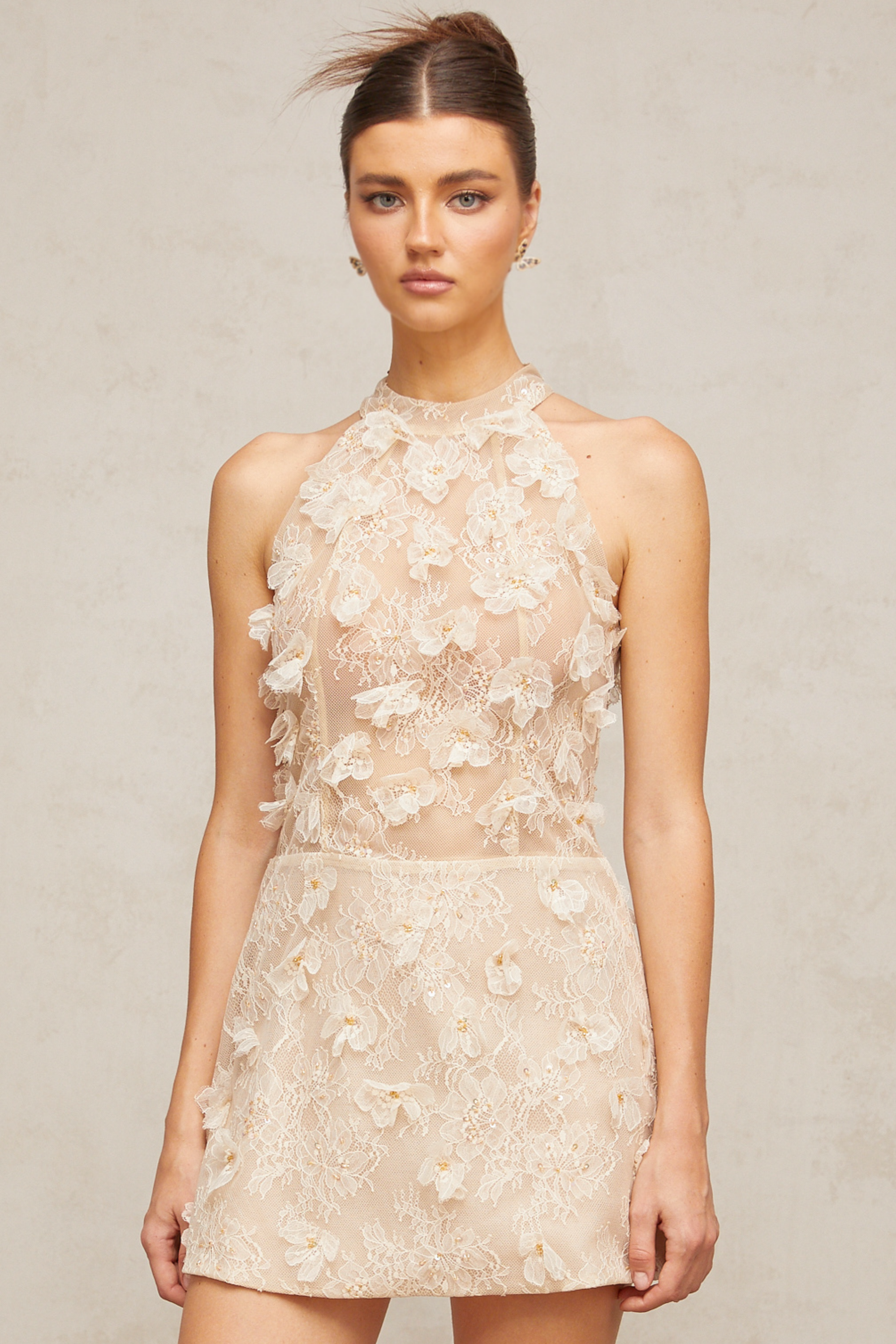 Léa neutrals flower-appliqué lace mini dress