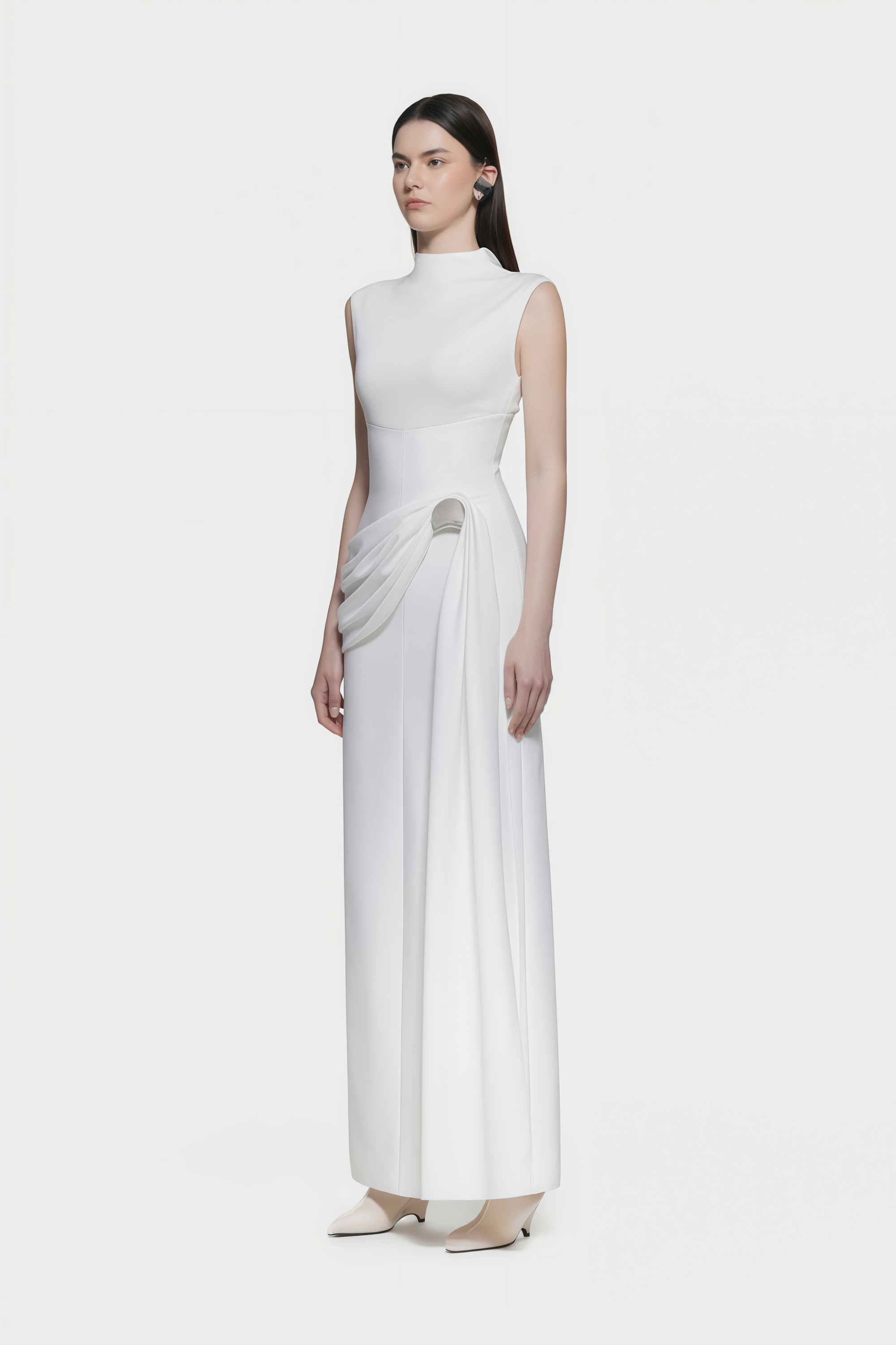 Arna White Knit Panel Gathered Maxi Dress