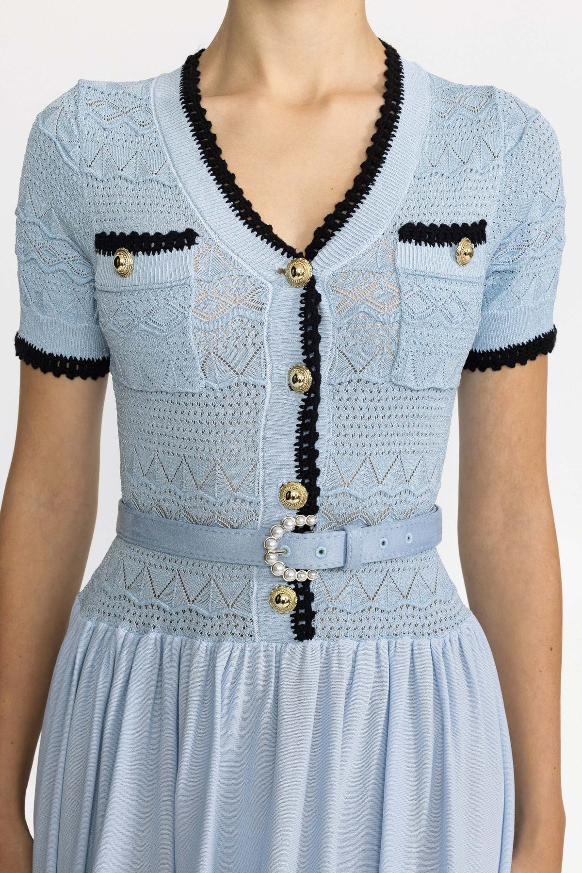Pointelle Knit Bodice Belted Maxi Dress - Light Blue