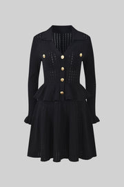 Emmeline Black Knit Mini Dress with Peplum Waist and Gold Button Detail