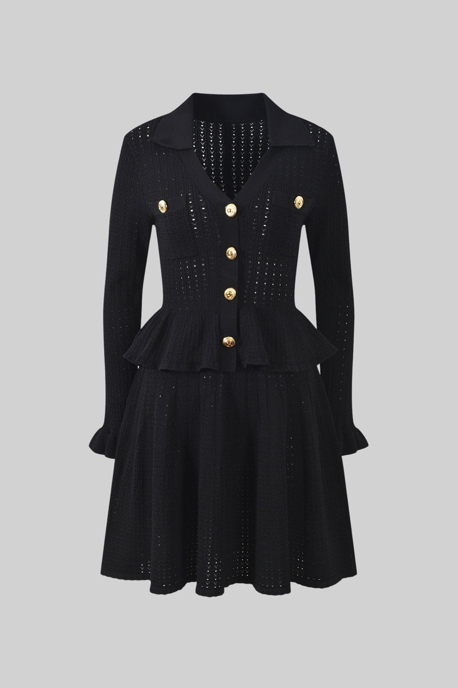 Emmeline Black Knit Mini Dress with Peplum Waist and Gold Button Detail