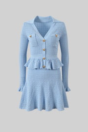 Emmeline Light Blue Knit Mini Dress with Peplum Waist and Gold Button Detail