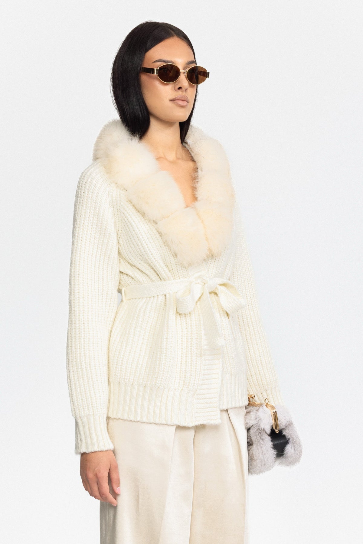Fox Fur Collar Chunky Knit Belted Cardigan - Off-White