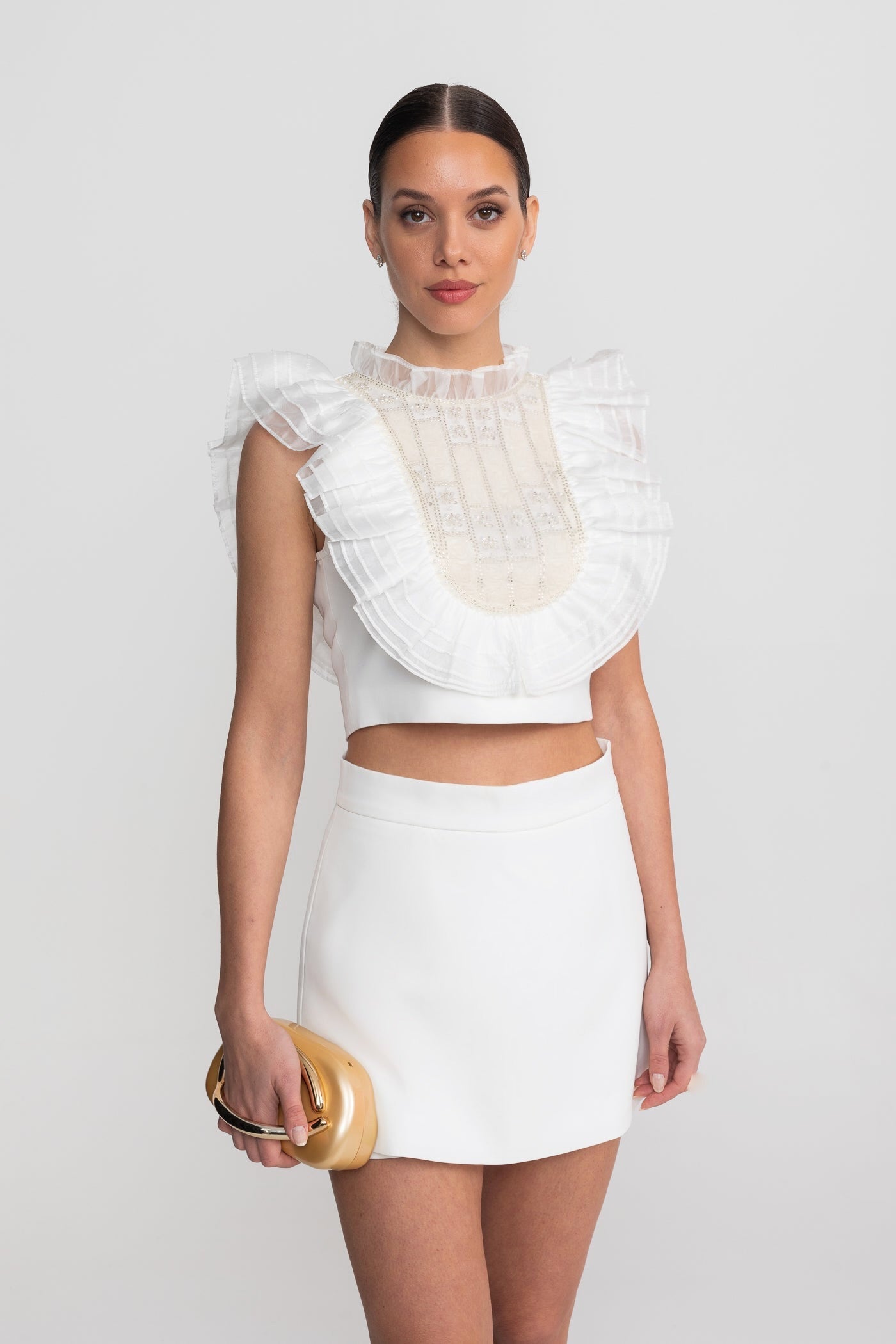 Sleeveless Co-Ord Set With Pleated Ruffle Bib Detail  - White