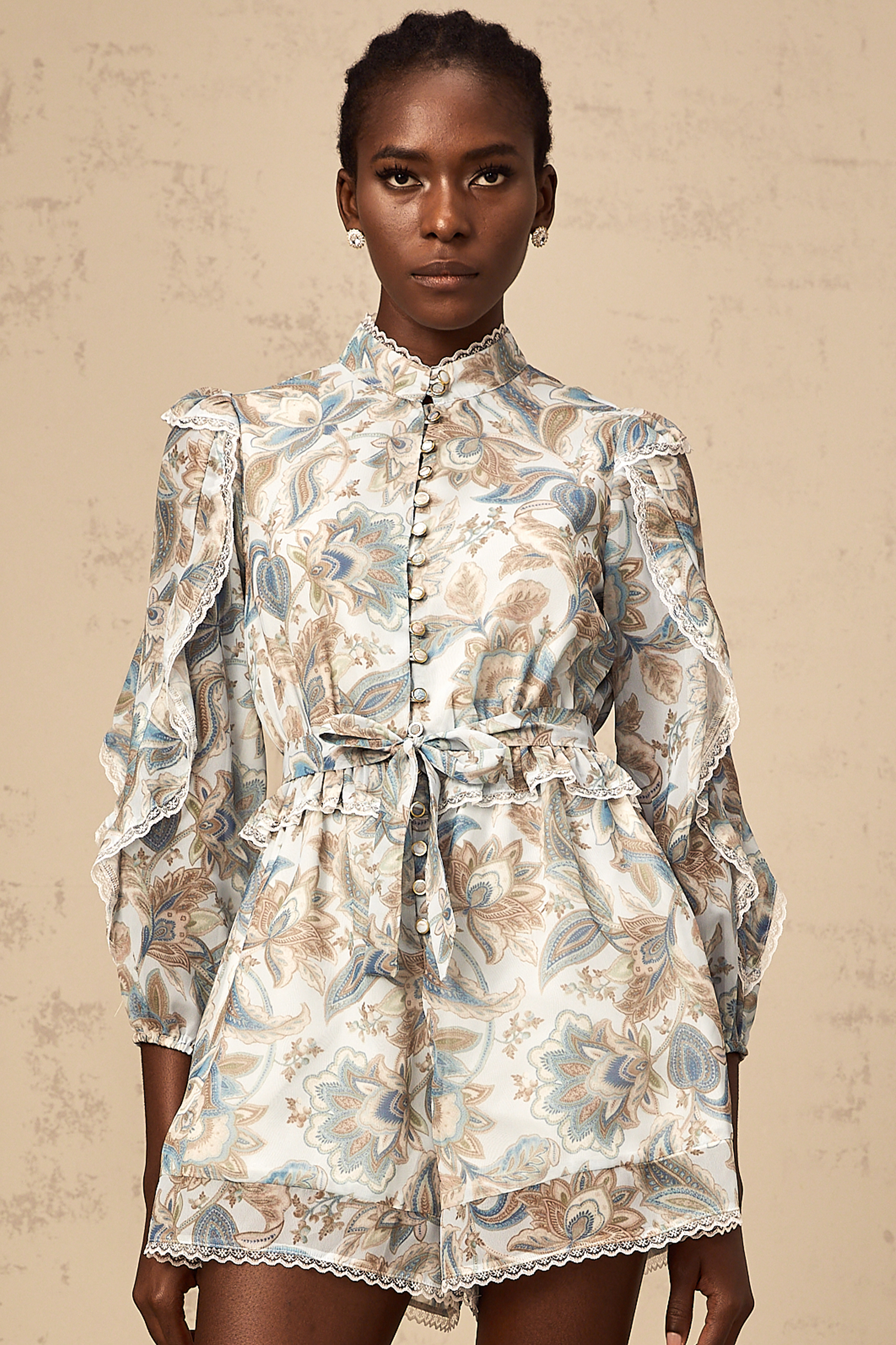 Eugénie blue lace-trim floral-print ruffled jumpsuit