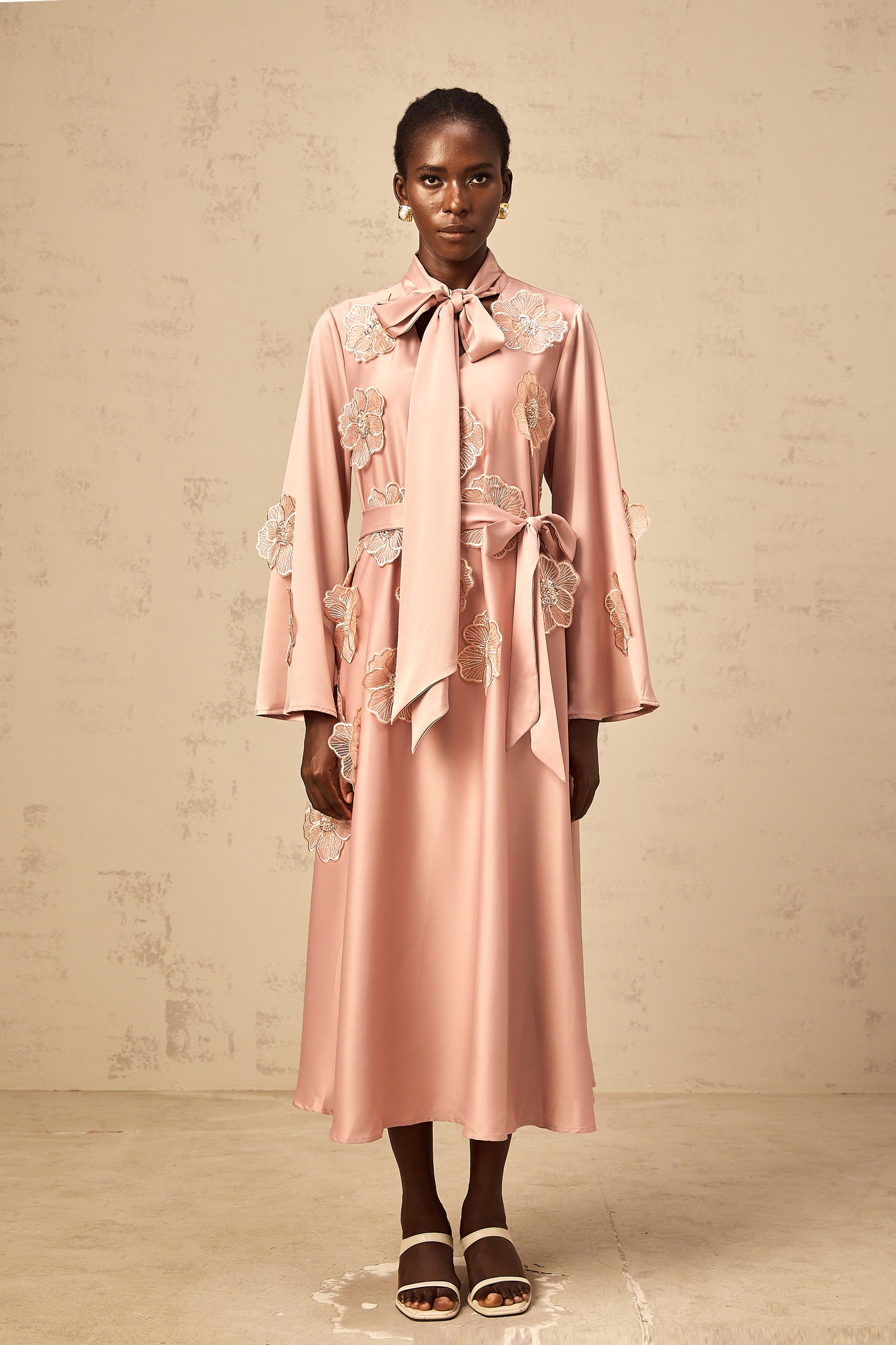 Orane tied floral-applique flared midi dress in Pink
