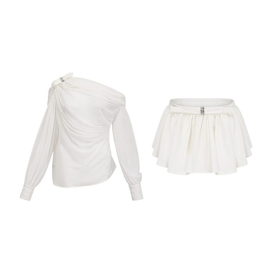 Andrea asymmetric tulle blouse & skirt matching set in White