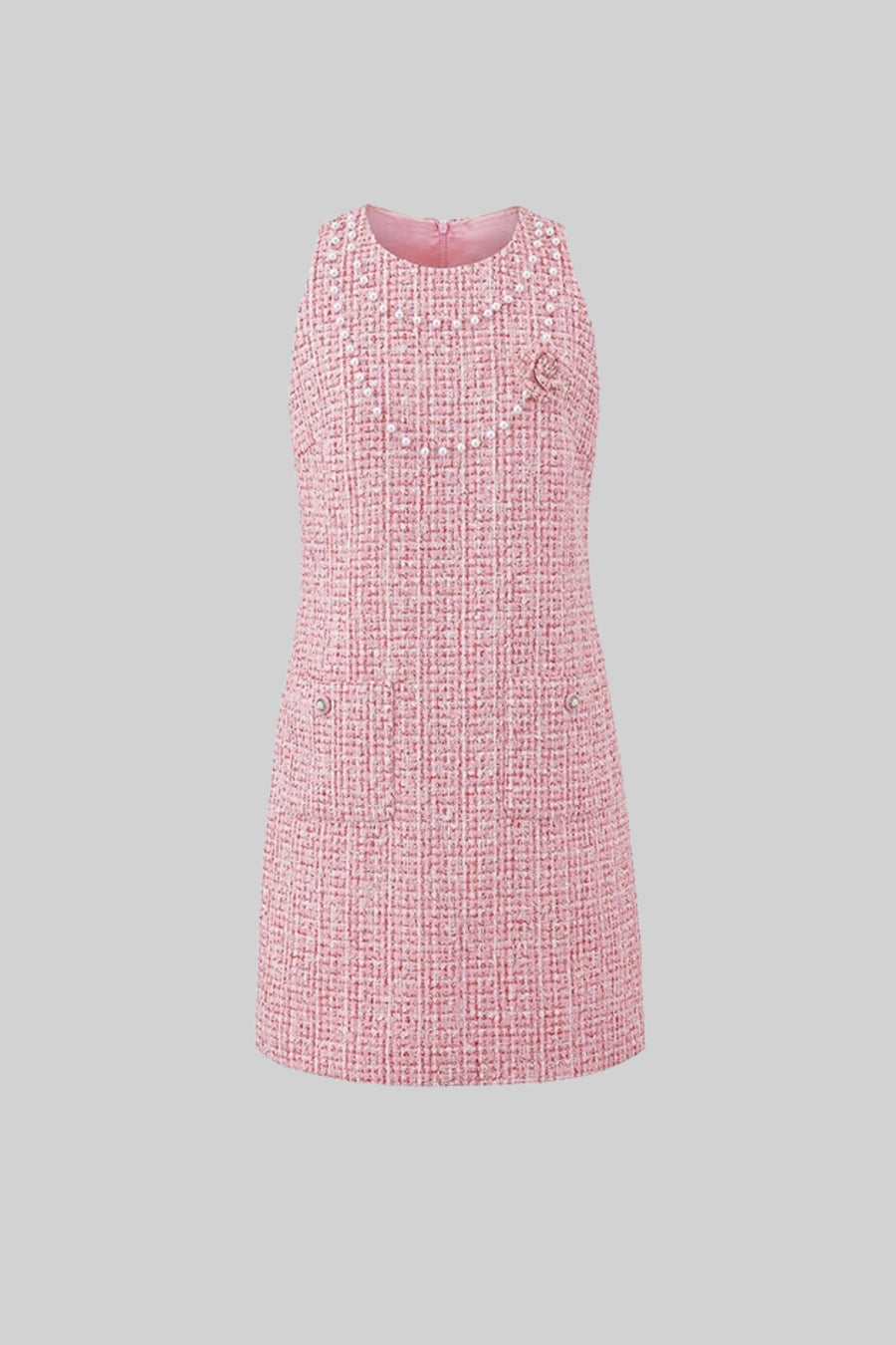 Chiara Pink Sleeveless Tweed Mini Dress with Pearl Embellishments