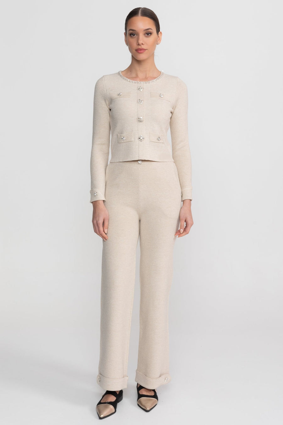 Gabrielle Beige Long Sleeve Knit Co-Ord Set With Sparkling Embellishments