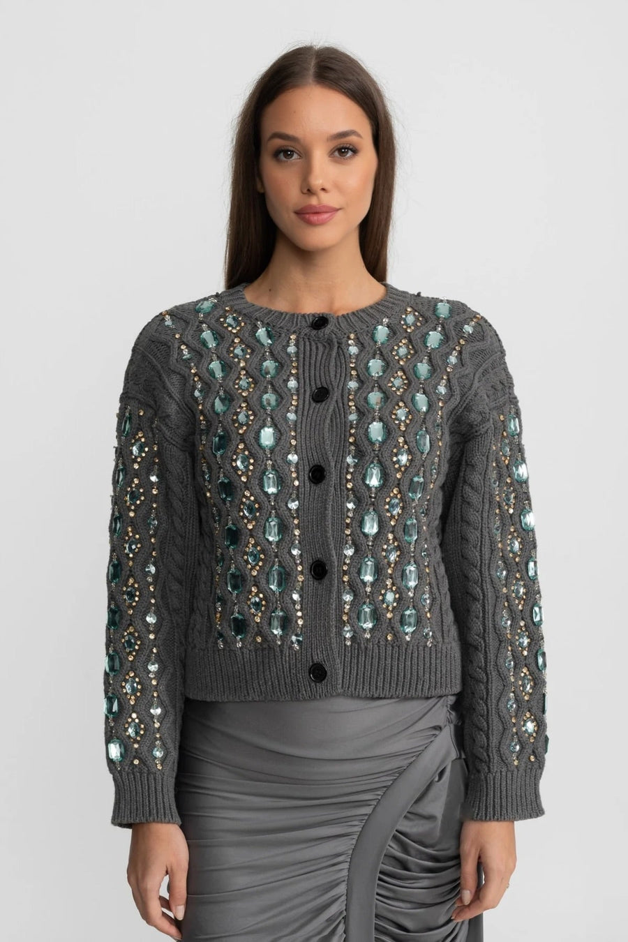 Beatrice Charcoal Grey Embellished Cable Knit Cardigan With Gem Detailing