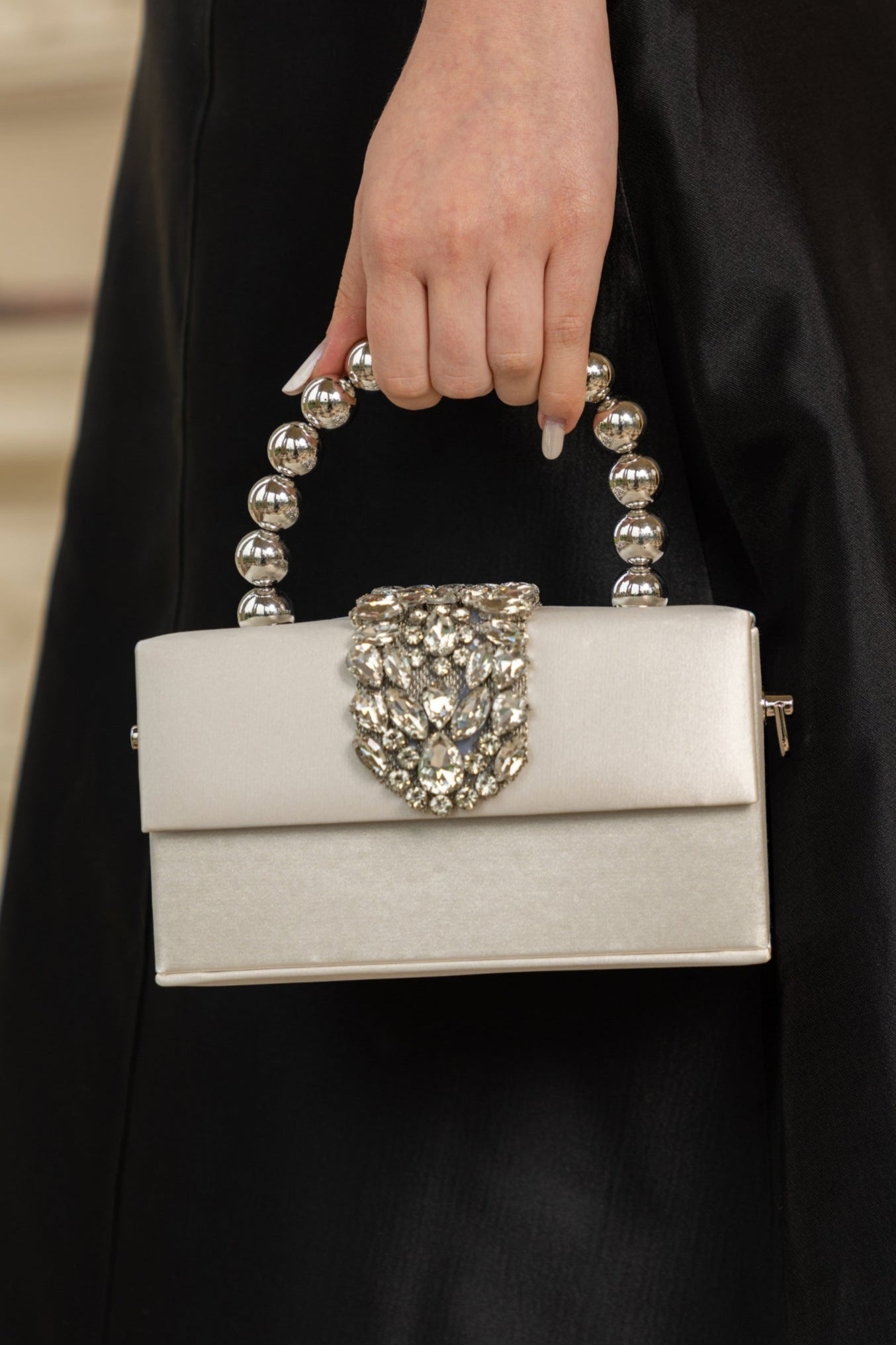 Satin Diamond Embellished Bag - Beige