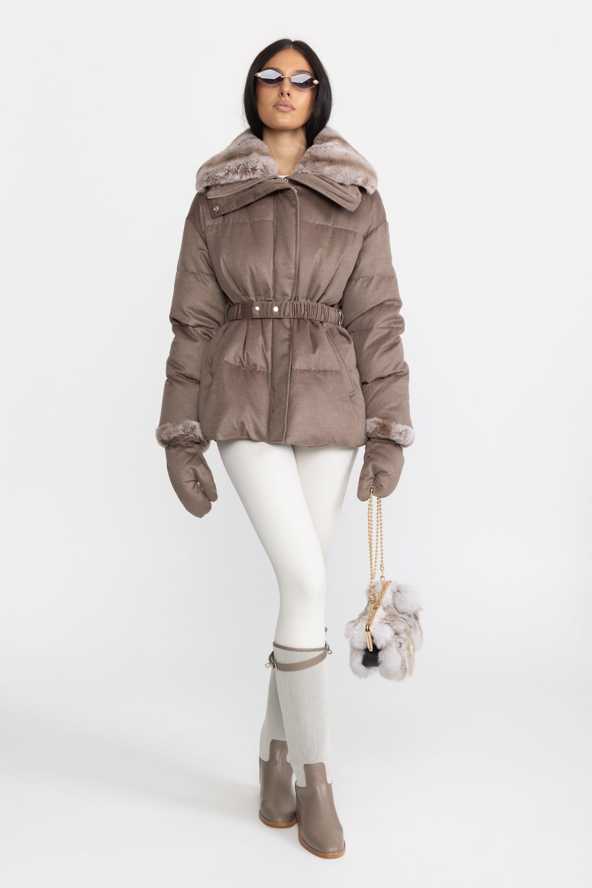 Rex Rabbit Fur Collar Cotton-Silk Down Jacket - Taupe