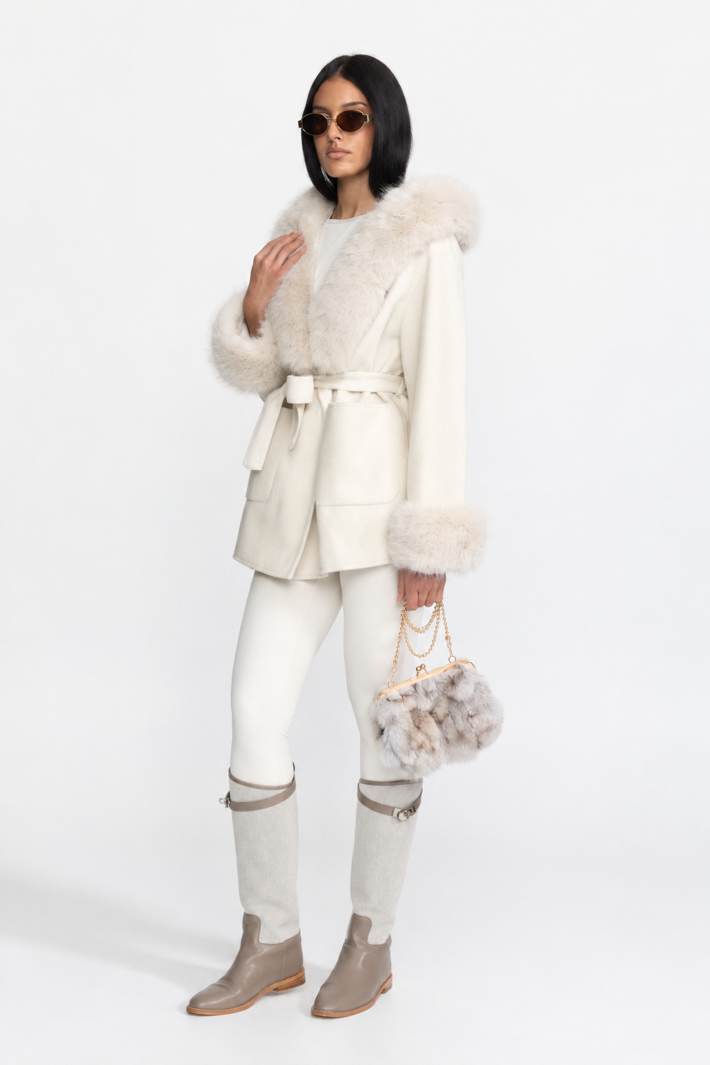 Dorothée Ivoire Hooded Belted Cashmere-Blend Coat with Fur Trim